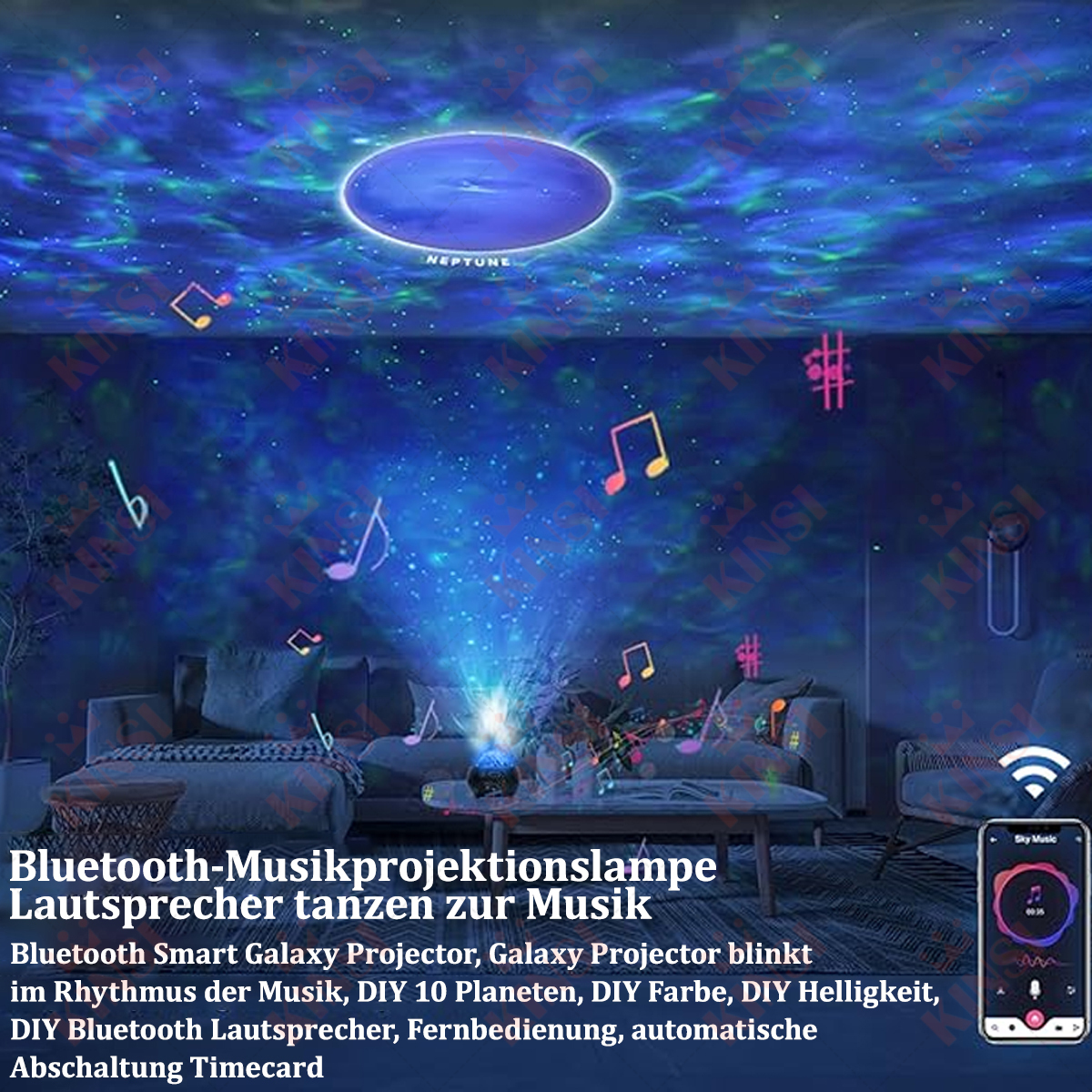 Ein schwarzer und farbenfroher Projektor projiziert eine Galaxieszene. Text befindet sich auf dem Bild.