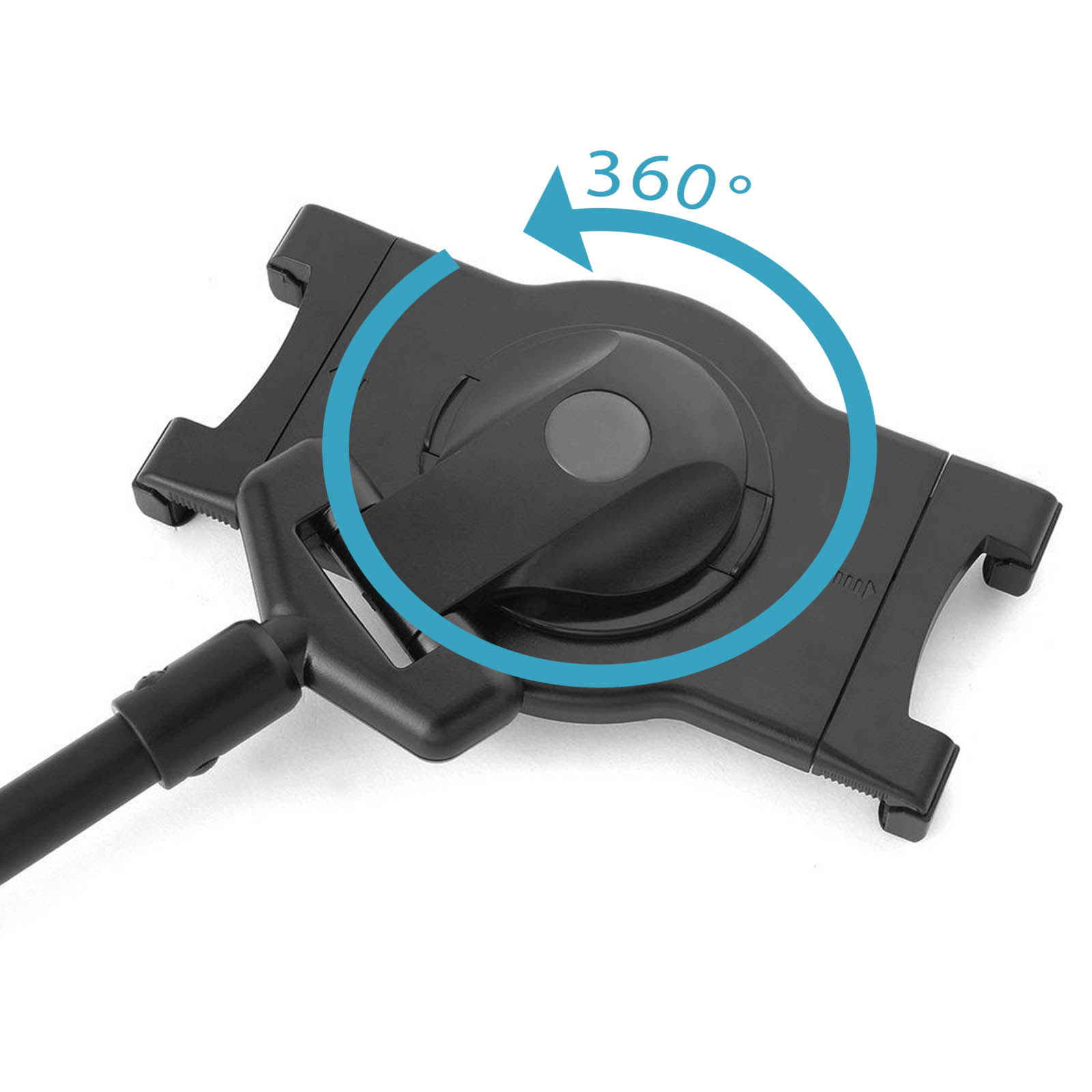 Un primo piano di un supporto per tablet nero con un indicatore di rotazione a 360 gradi.
