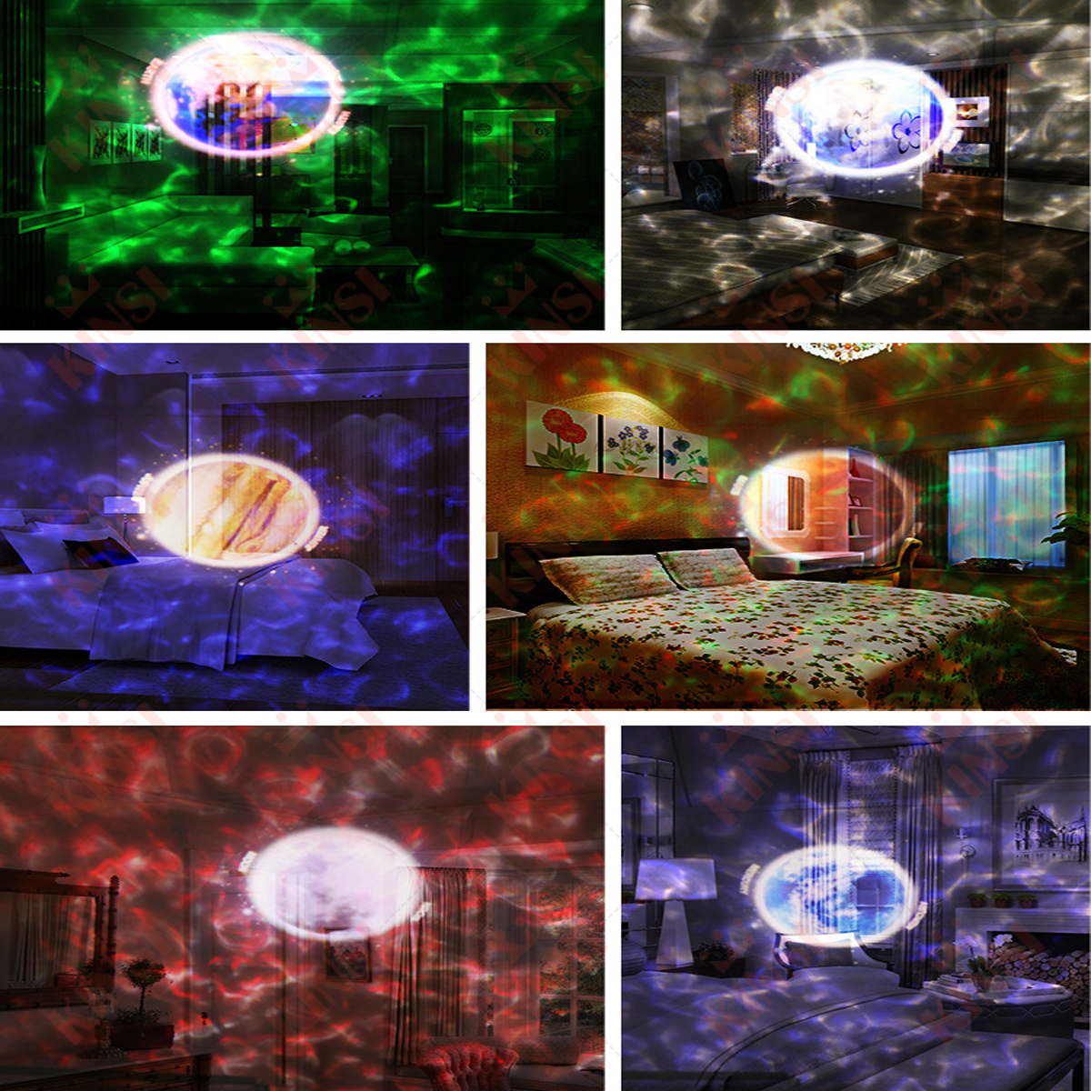 Sechs Bilder eines Raumes mit einem Galaxieprojektor, der verschiedene Szenen projiziert. Verschiedene Farben und Themen.
