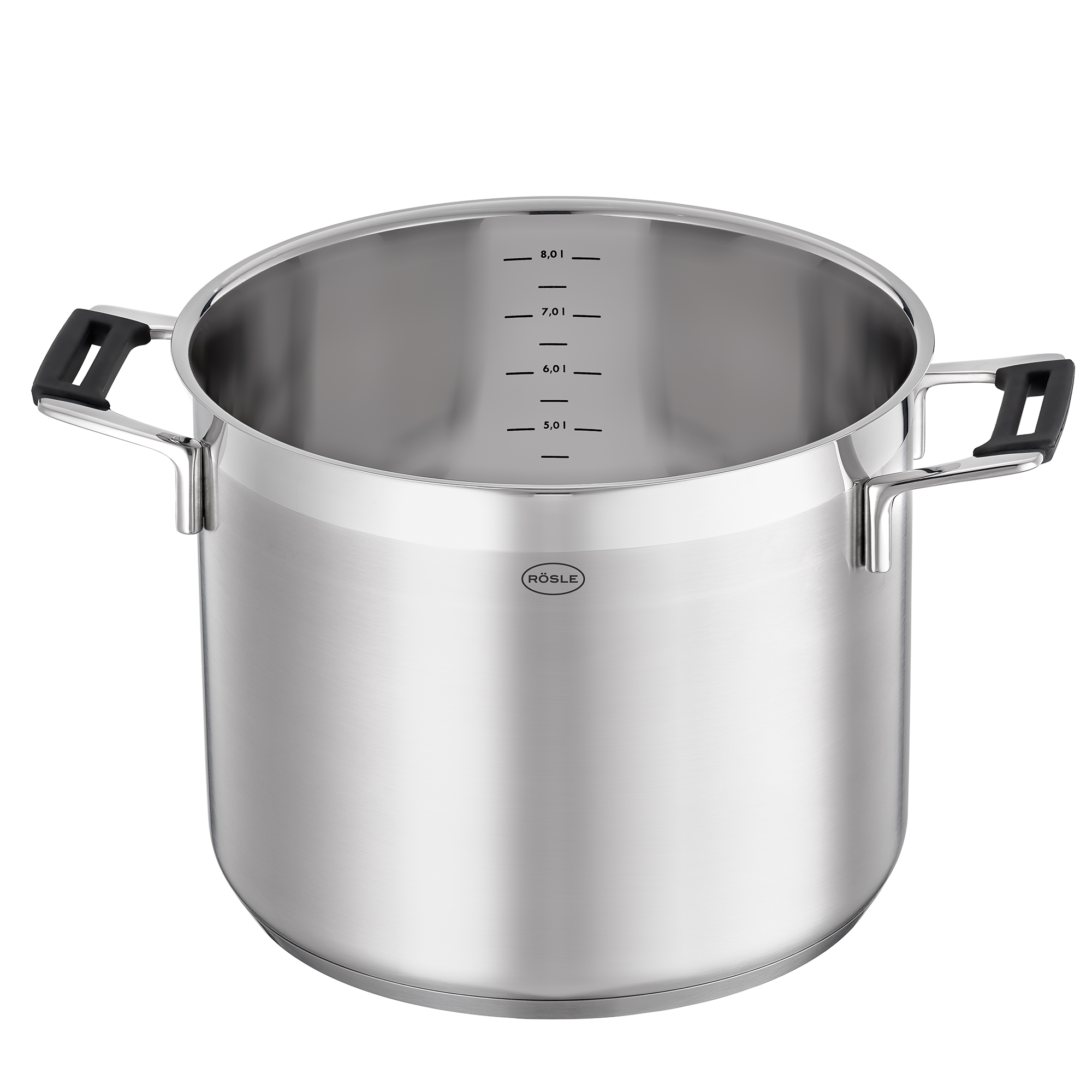 Une casserole en acier inoxydable avec des poignées noires et une échelle de capacité.