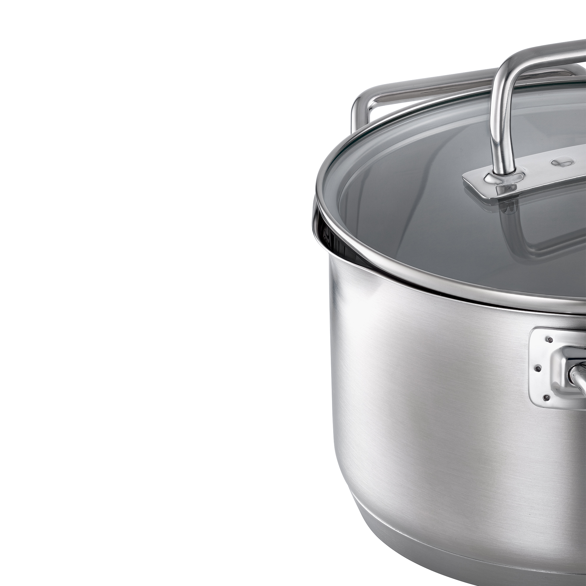 Casserole et couvercle en acier inoxydable. Fond blanc.