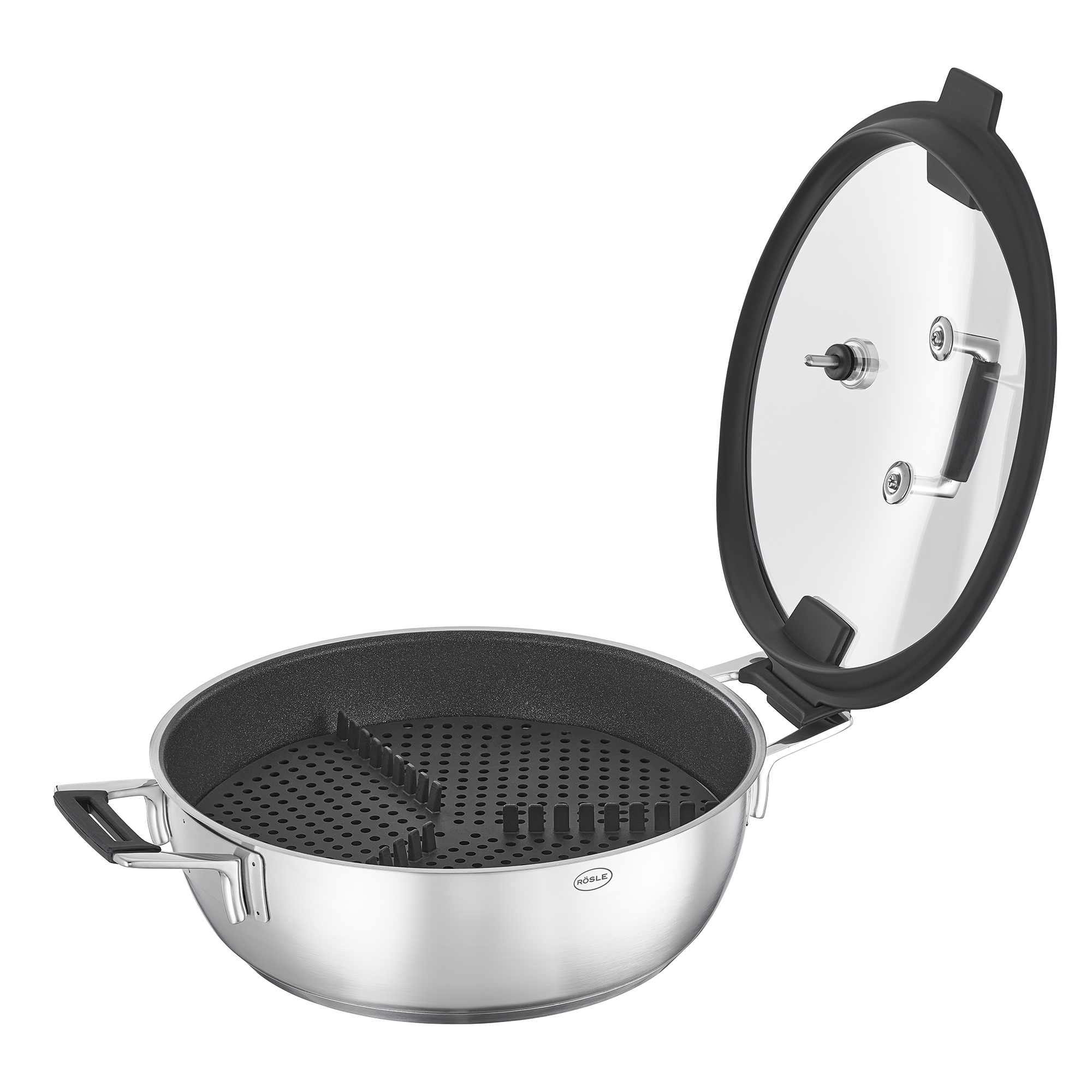 Edelstahltopf mit Grillrost und Deckel. Weißer Hintergrund.