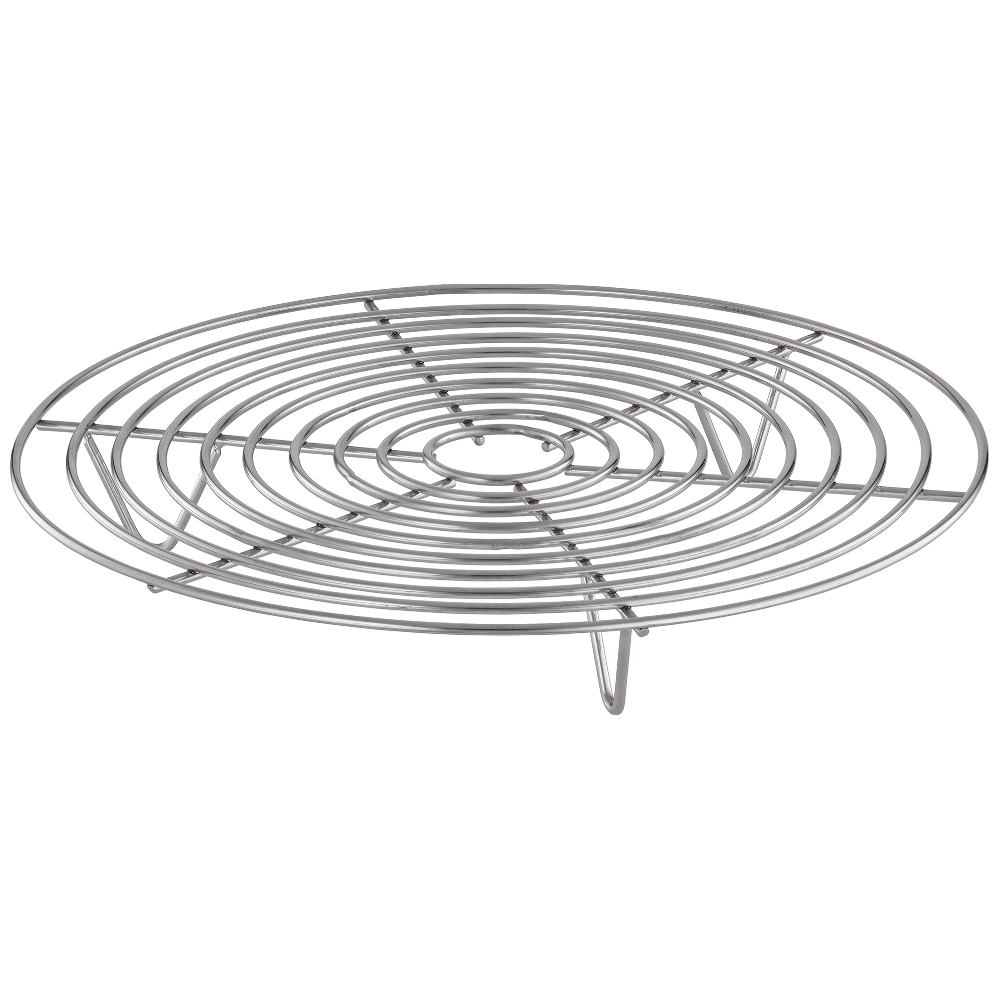Ein Edelstahl-Kühlgestell mit konzentrischen Ringen und Stützbeinen auf weißem Hintergrund.