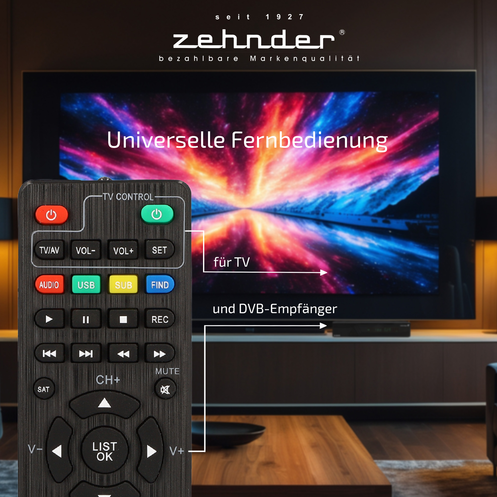 Eine schwarze Fernbedienung mit beschrifteten Tasten vor einem Fernsehbildschirm mit Zehnder-Branding.