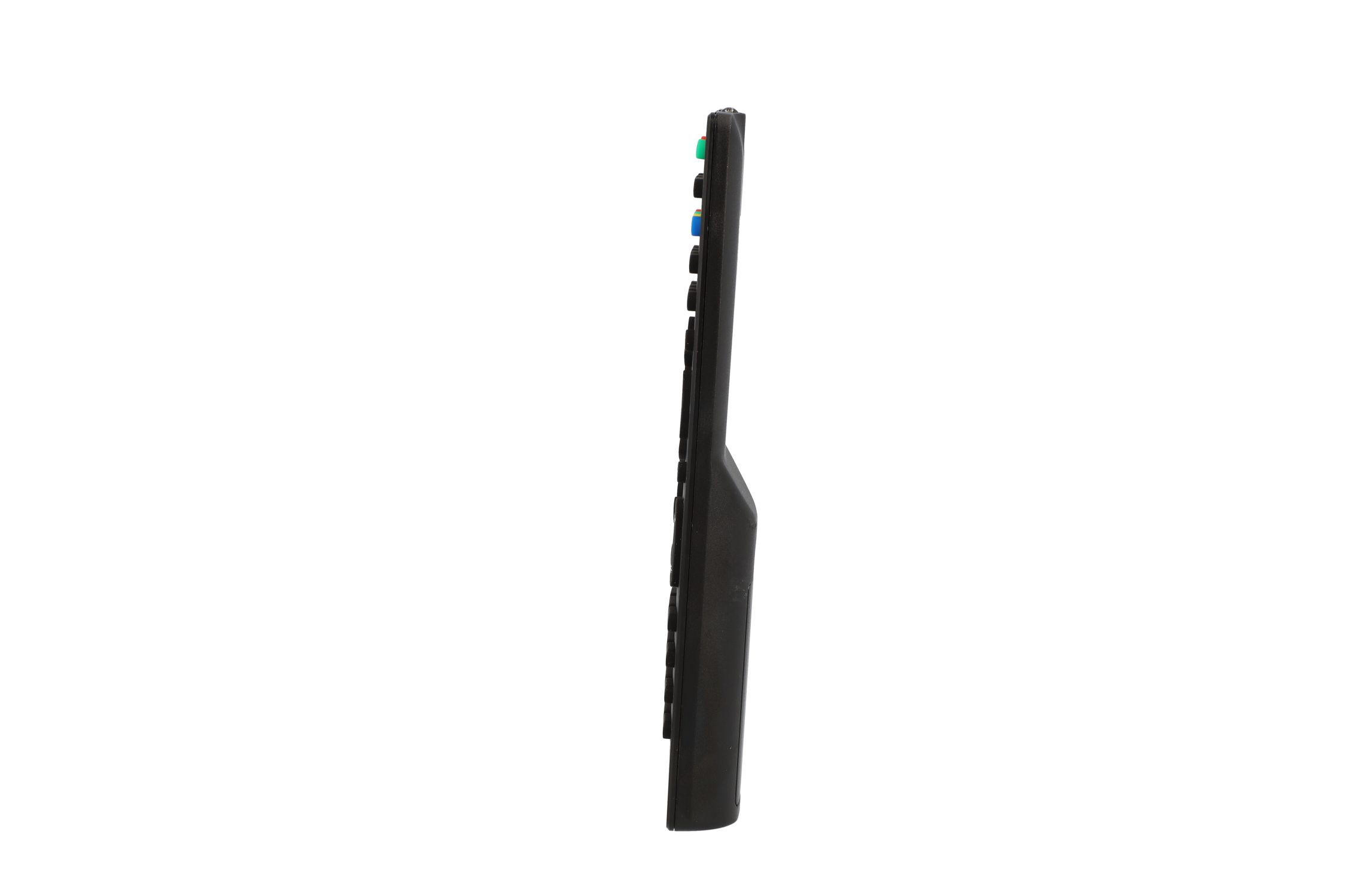 Eine schwarze Fernbedienung, Seitenansicht, mit Knöpfen und einem schlanken Design.