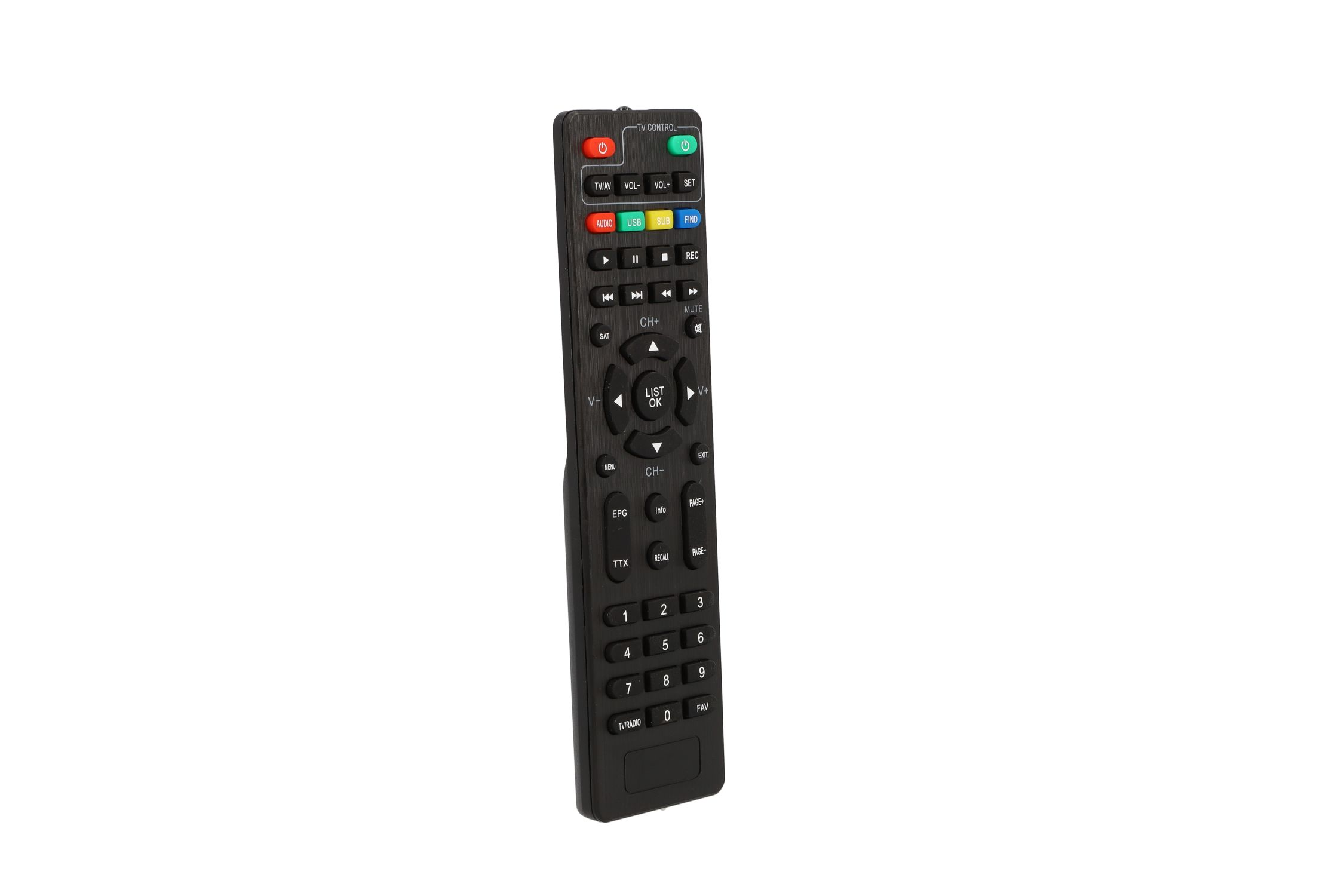Schwarze TV-Fernbedienung mit Knöpfen, isoliert auf weißem Hintergrund.