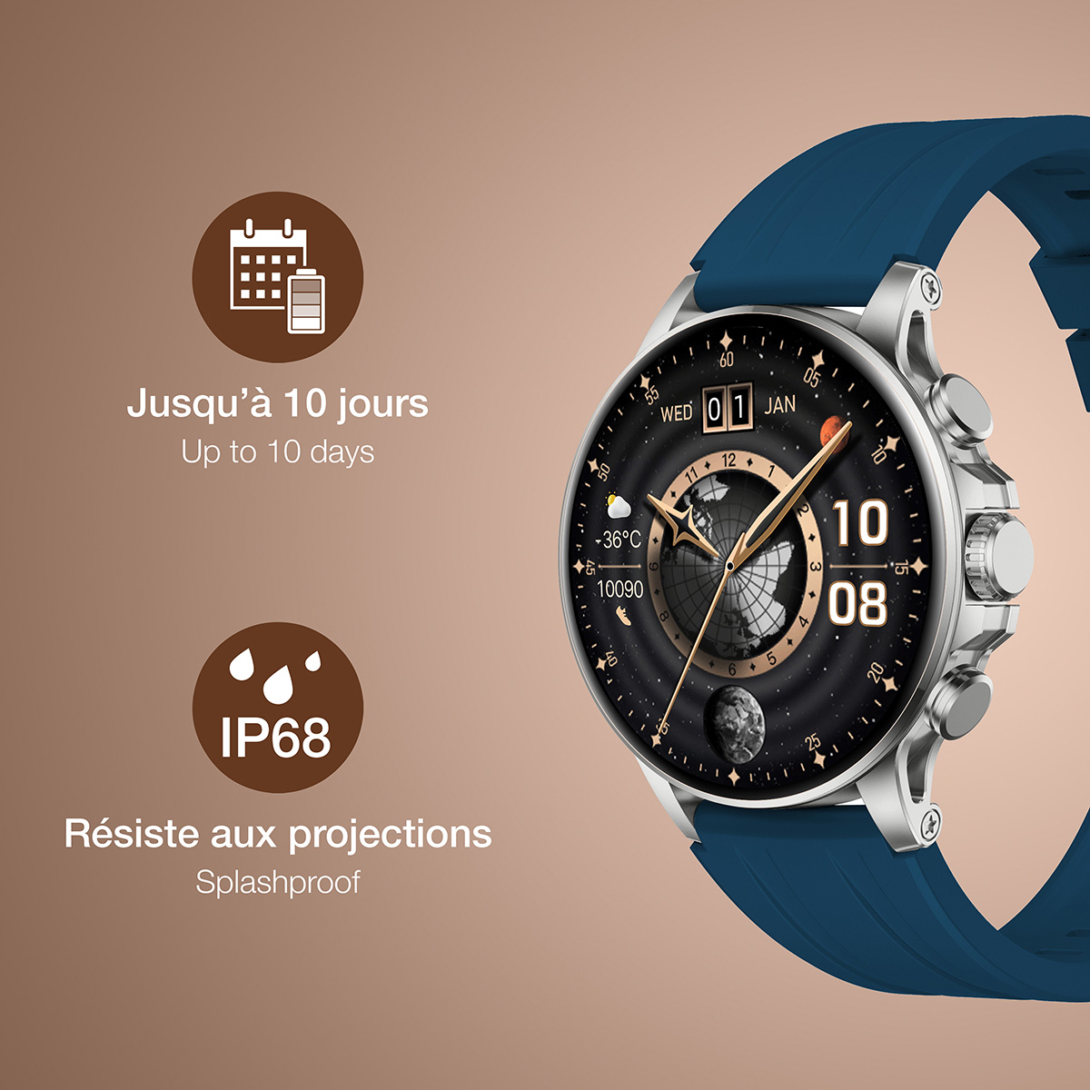 Smartwatch avec bracelet bleu, heure et données affichées, sur fond marron.