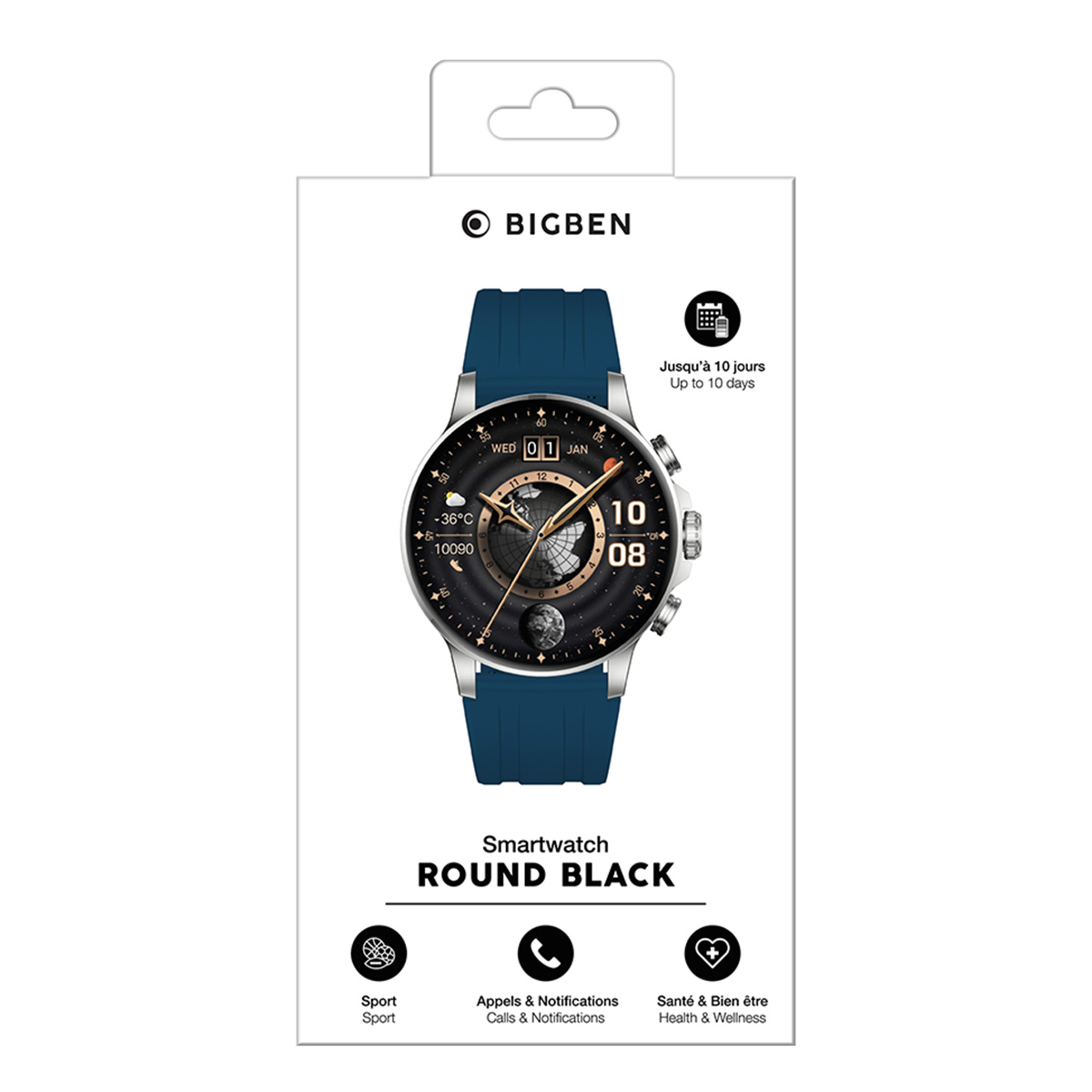 Boîte de montre connectée montrant une montre à bracelet bleu. Le texte est en français. Montre ronde noire.