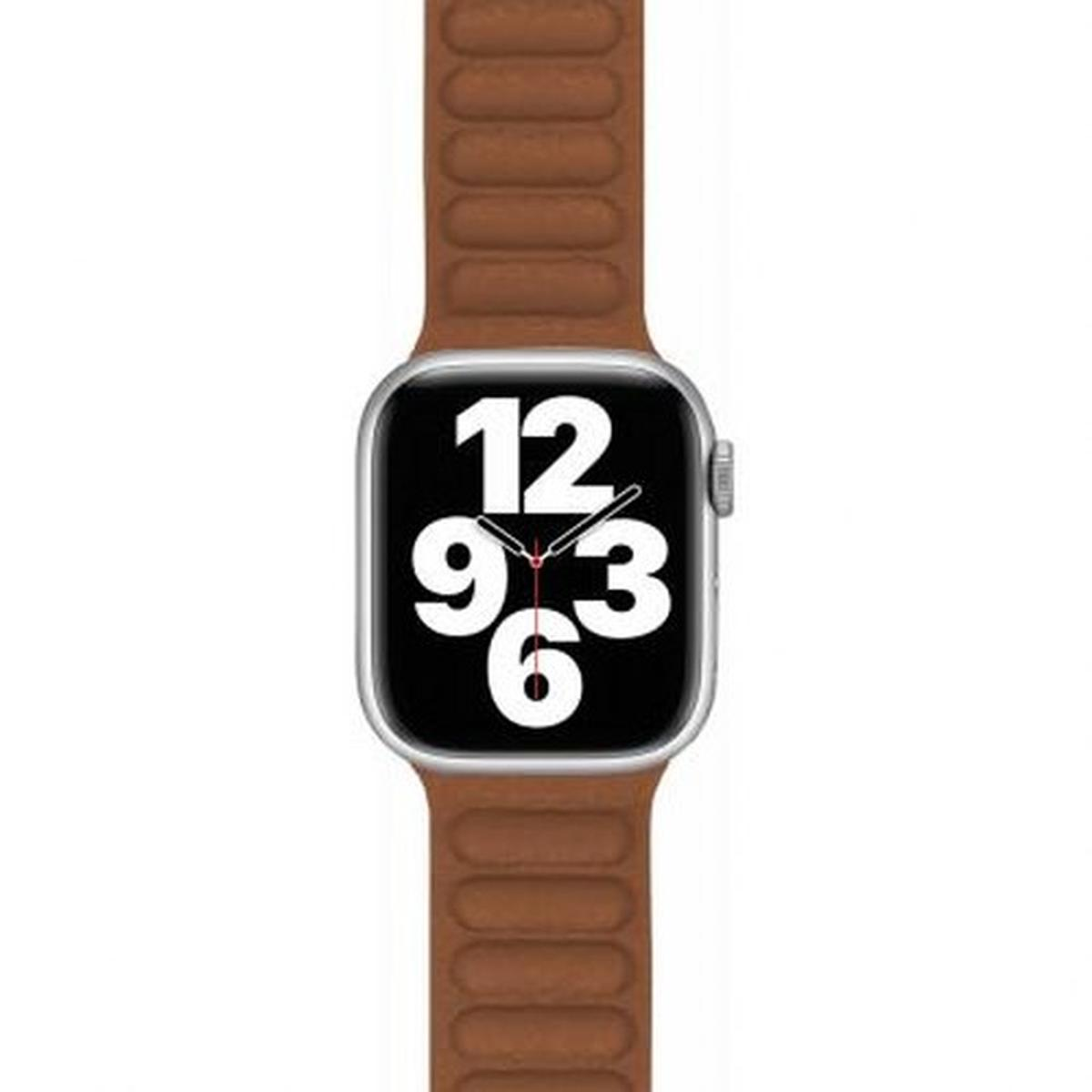 Apple Watch con cinturino marrone. Il display mostra l'ora 9:36.