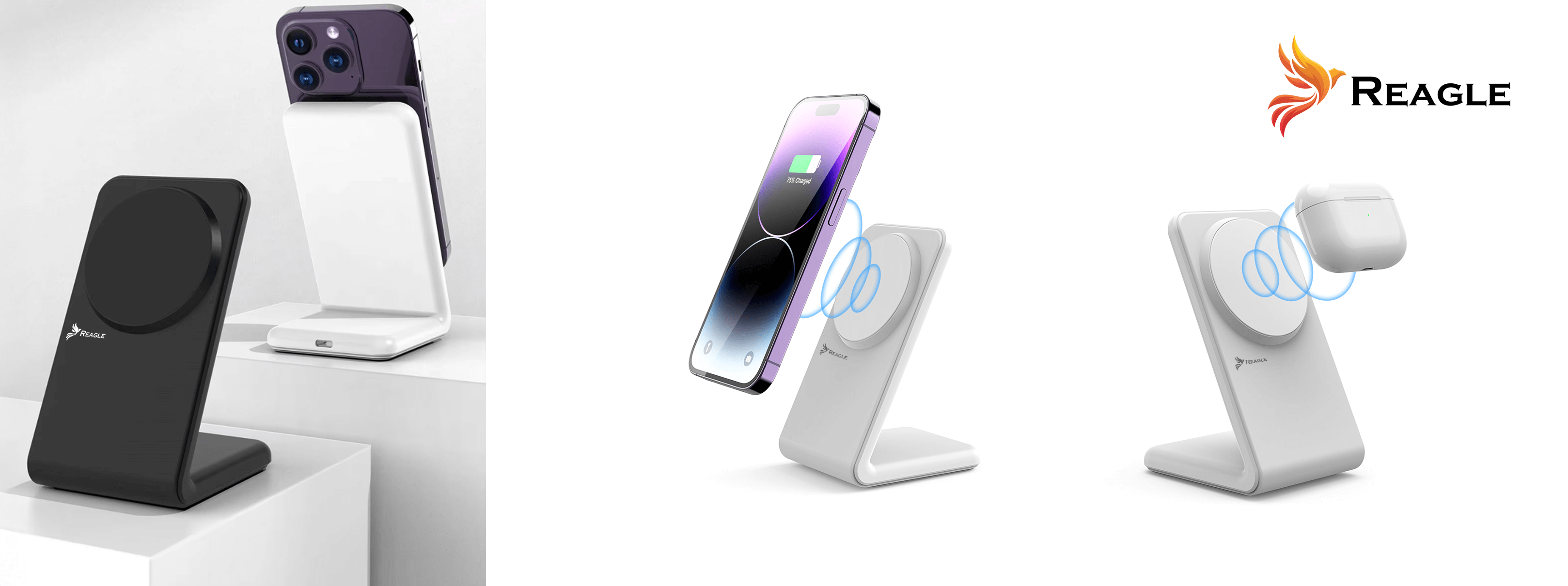 Kilka białych i czarnych stojaków do ładowania telefonów. Telefony i para słuchawek. Logo REAGLE.