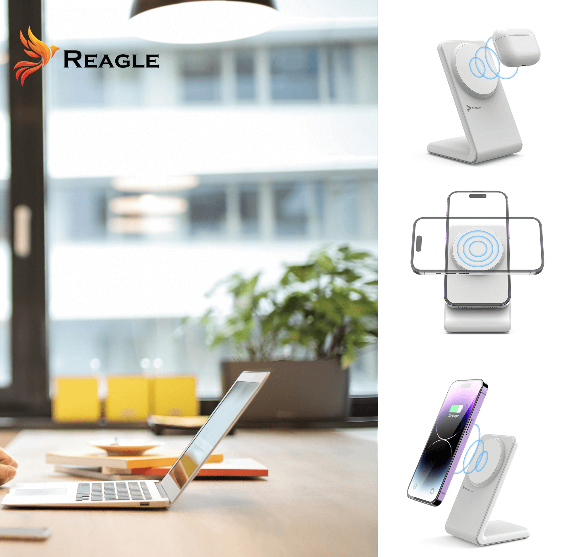 Biała ładowarka bezprzewodowa z telefonem i AirPods. Wyświetlane są inne telefony do ładowania.