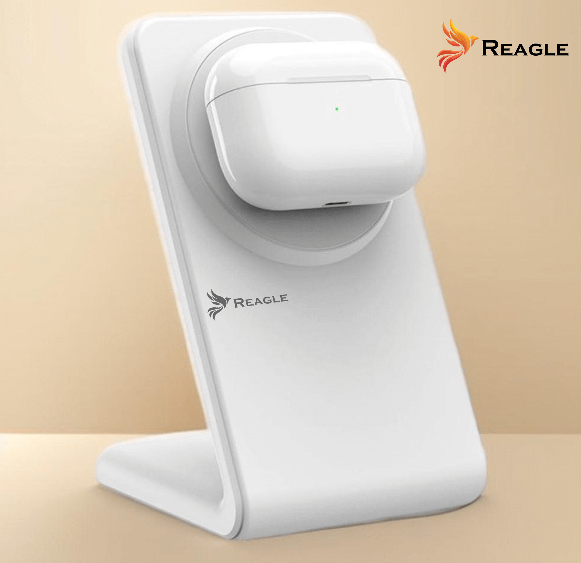 Biała ładowarka bezprzewodowa do AirPods. Na górze znajduje się białe etui na AirPods.