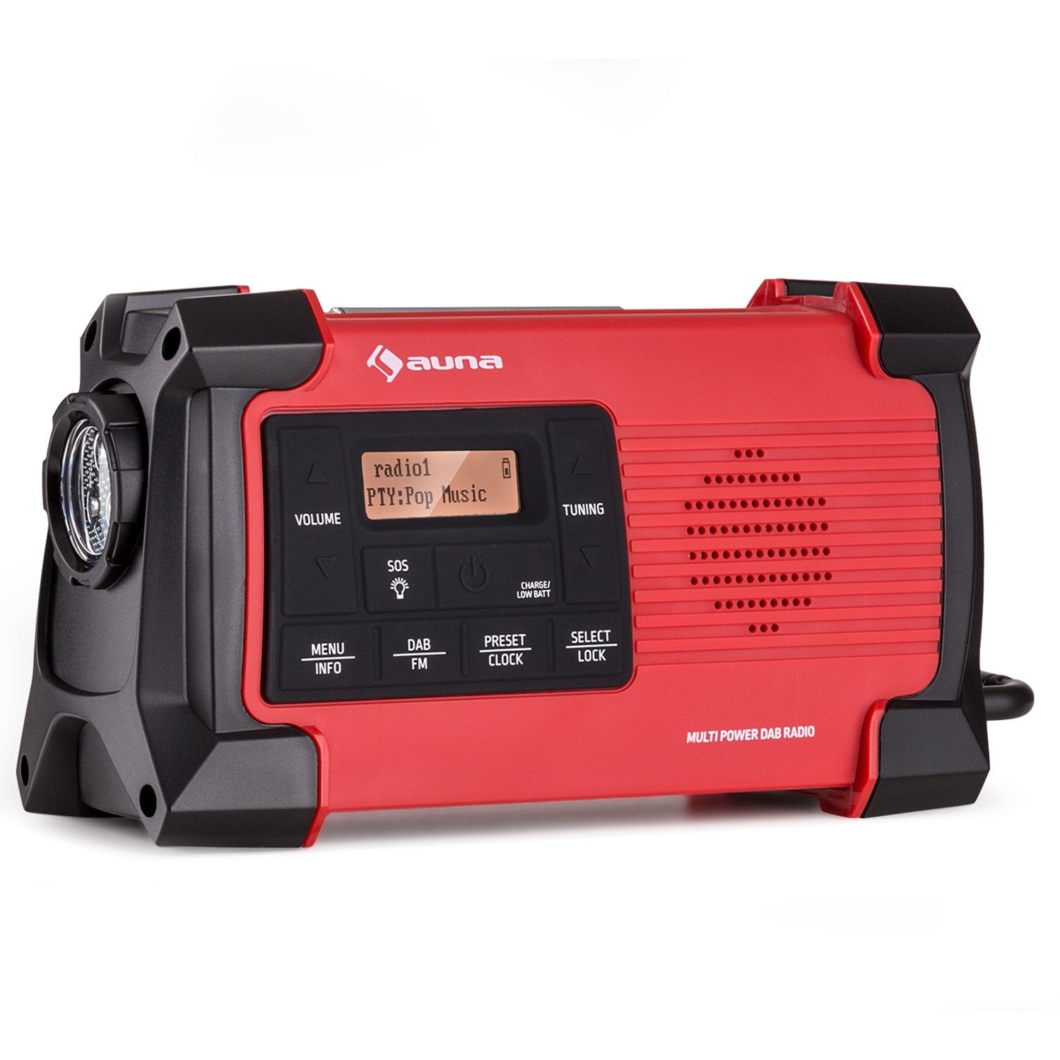 Radio DAB multi-alimentazione rossa con pulsanti, display e altoparlante. Accenti neri.