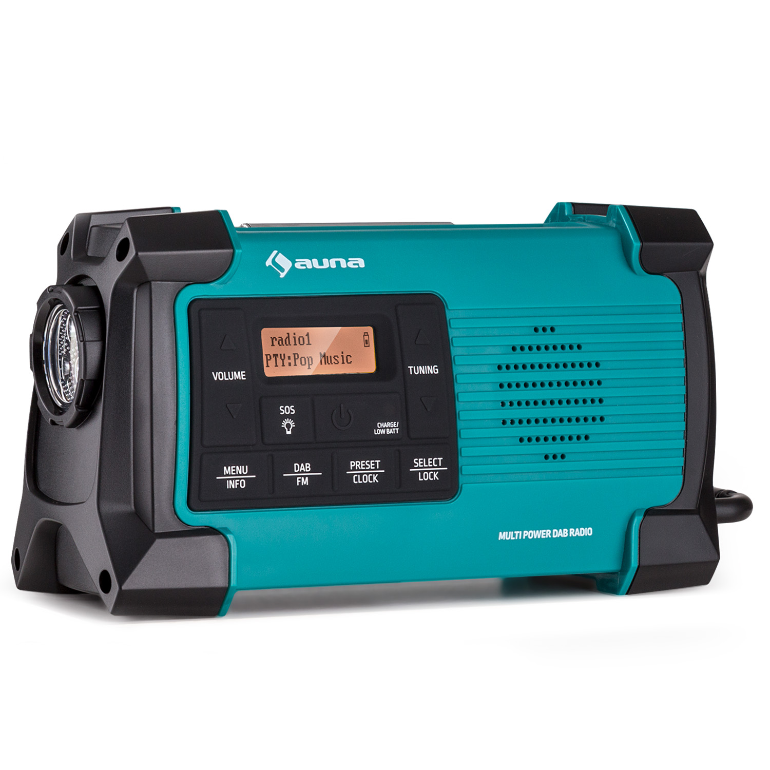 Radio DAB multi-alimentazione verde acqua con pulsanti, display e altoparlante. Accenti neri.
