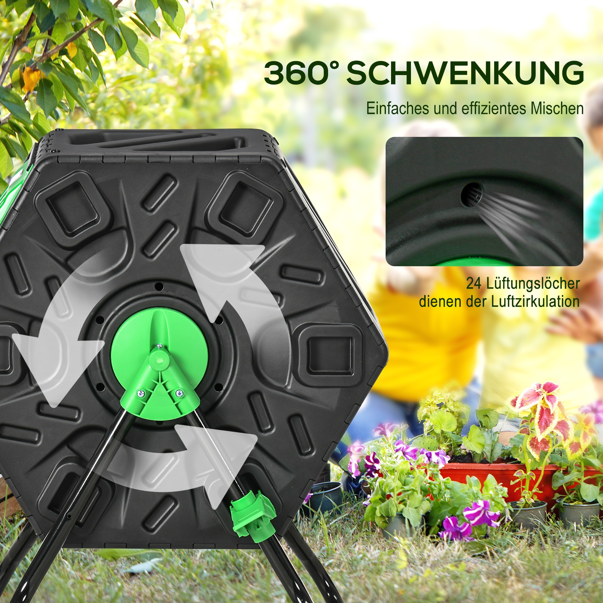 Ein schwarzer Komposteimer mit grünen Details in einem Garten. Pfeile zeigen die Drehung.