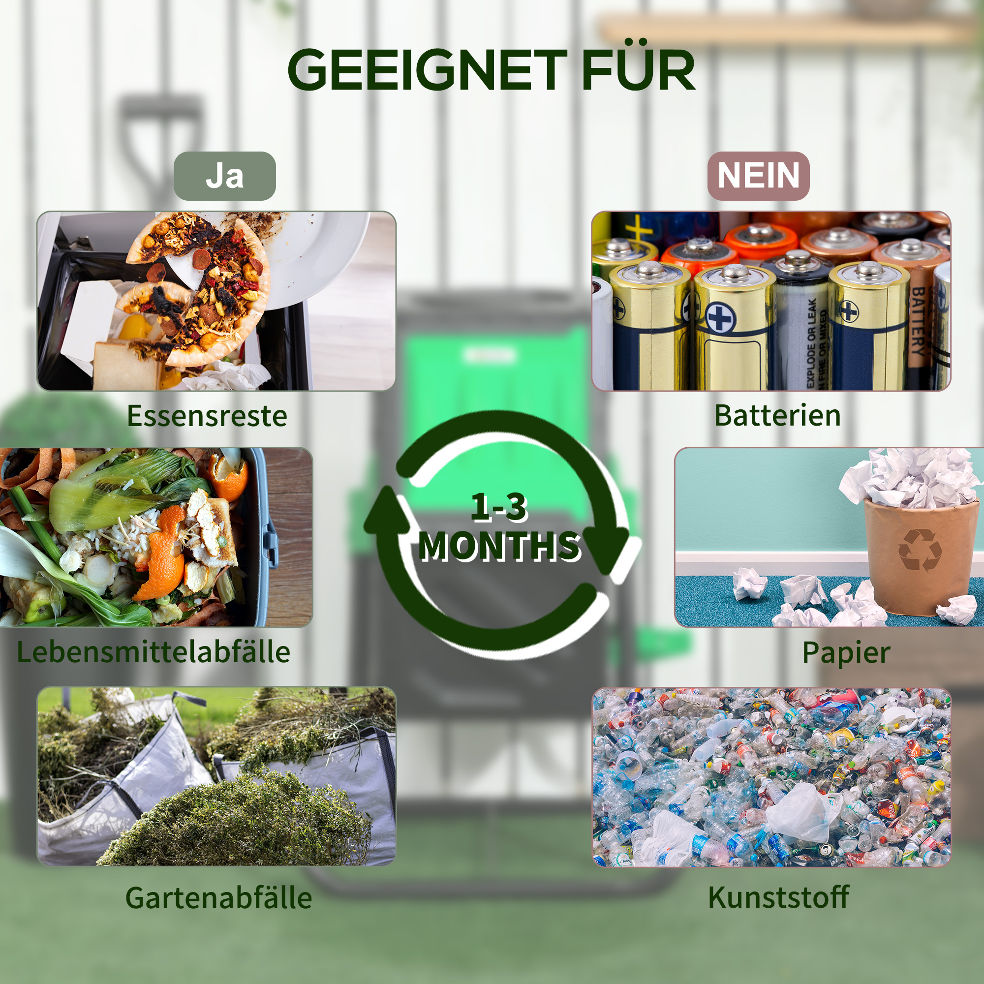 Bild zeigt, was für die Komposttonne geeignet ist und was nicht. Essensreste und Gartenabfälle.