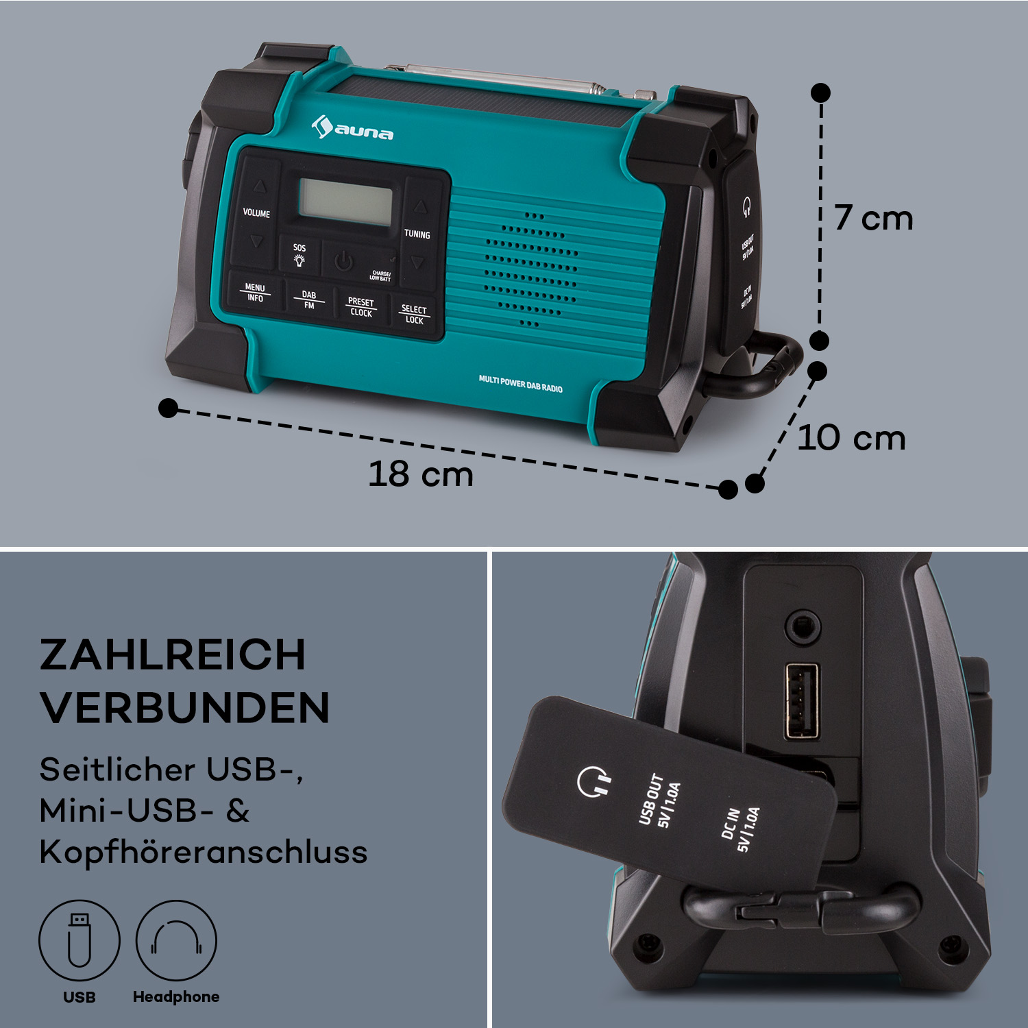 Una radio portatile color turchese con display digitale e dimensioni mostrate nell'immagine.