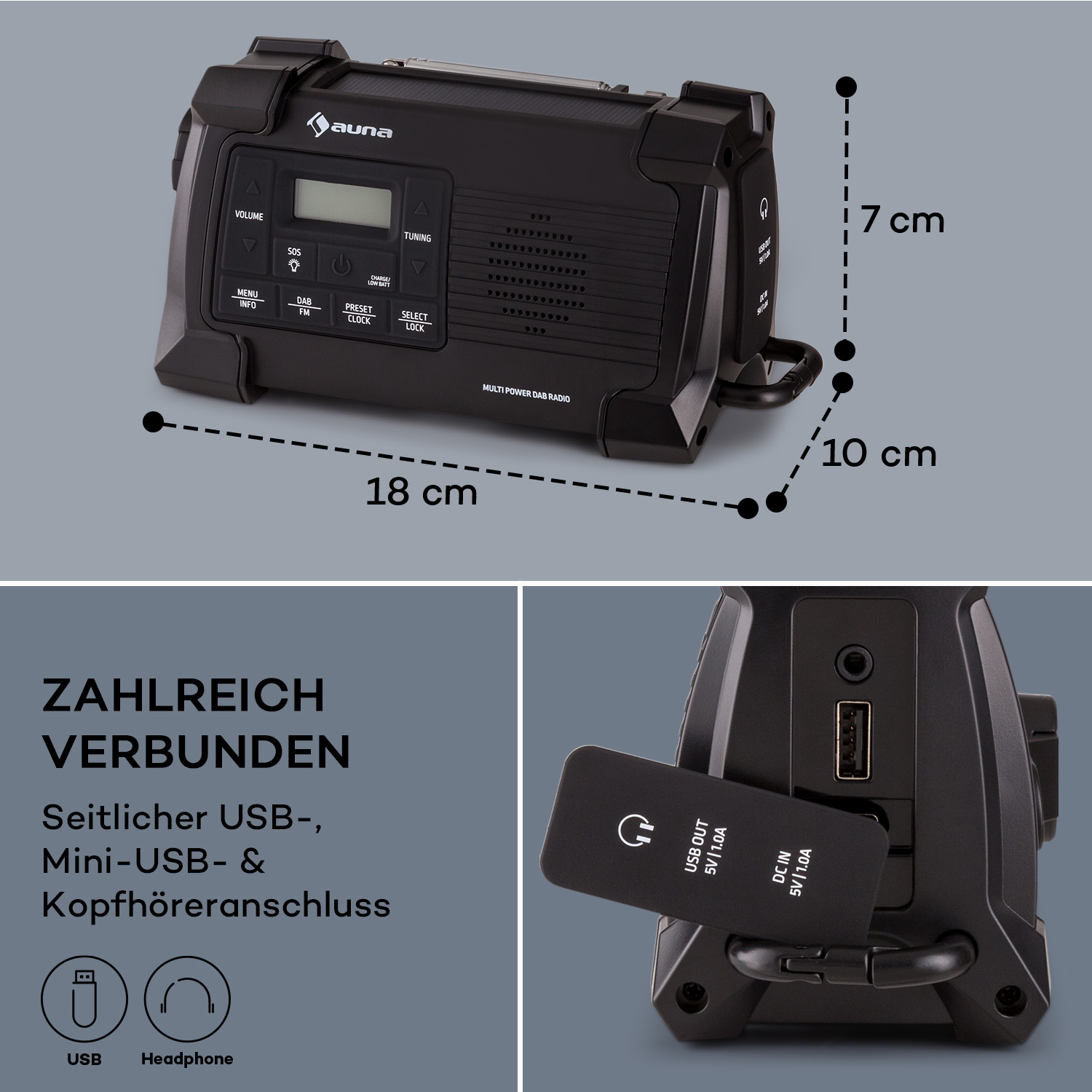 Radio nera con dimensioni, e porta USB. Il testo in tedesco indica porte USB e cuffie.