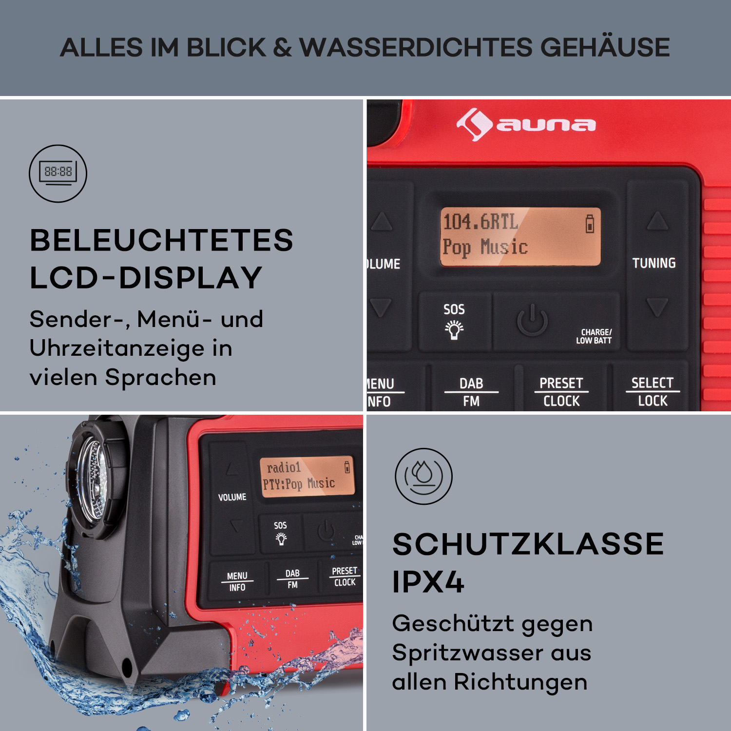 Una radio rossa con un display digitale che mostra l'ora e le informazioni sulla stazione radio; include il logo auna.