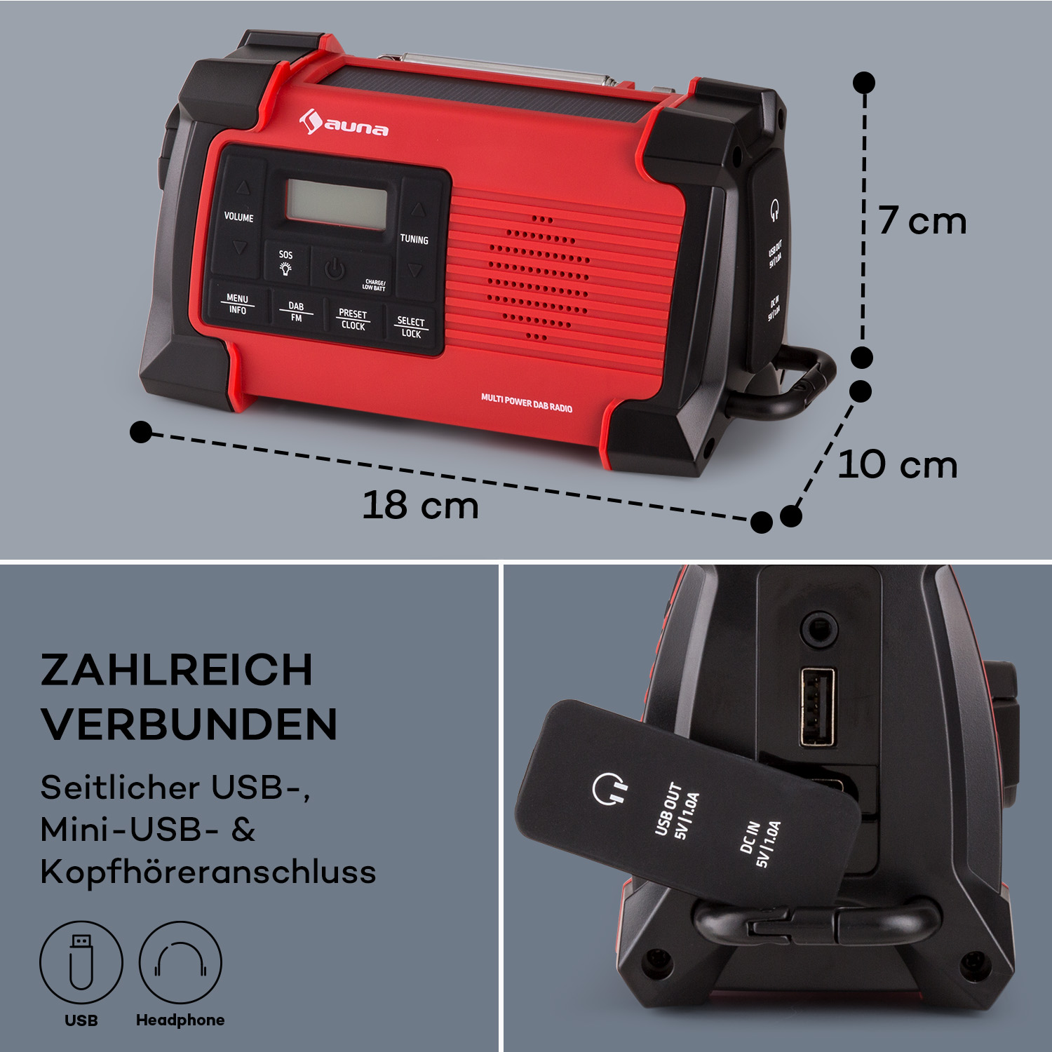 Radio rossa e nera con dimensioni, e porta USB. Il testo in tedesco indica le porte.