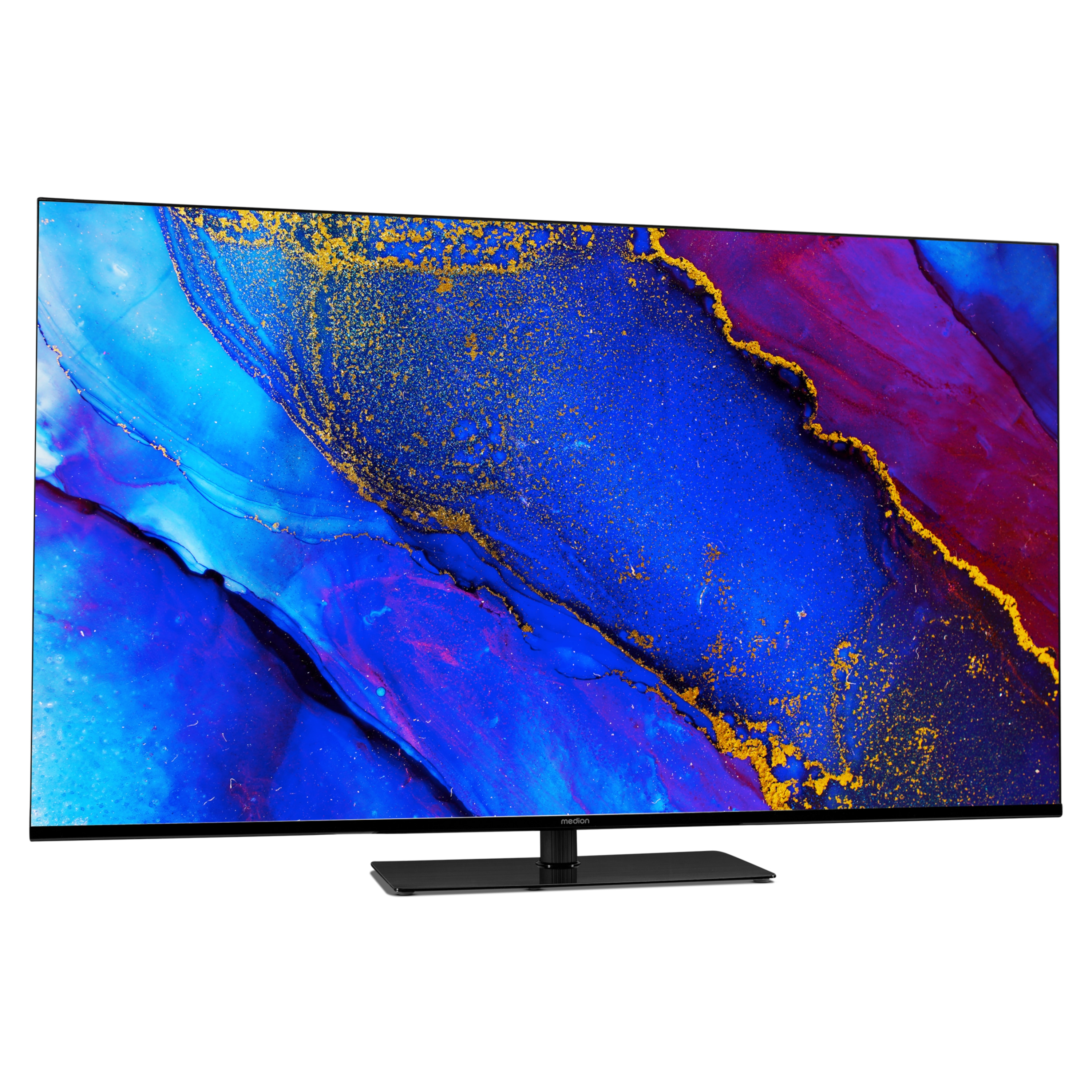 Een zwarte tv met een blauw en rood abstract ontwerp, met een zwart statief.