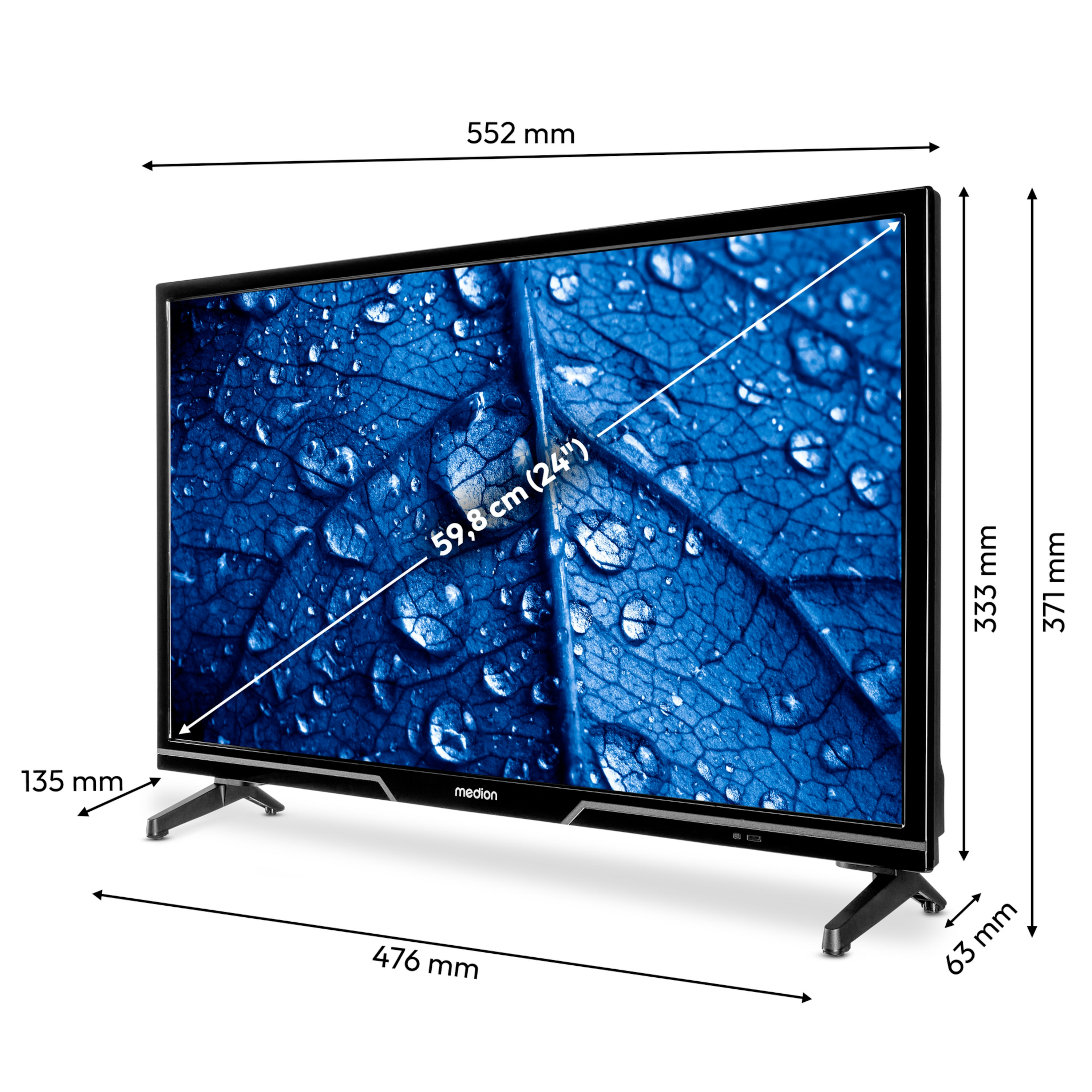 Een tv-scherm met afmetingen, geplaatst op een witte tafel, op een witte achtergrond.
