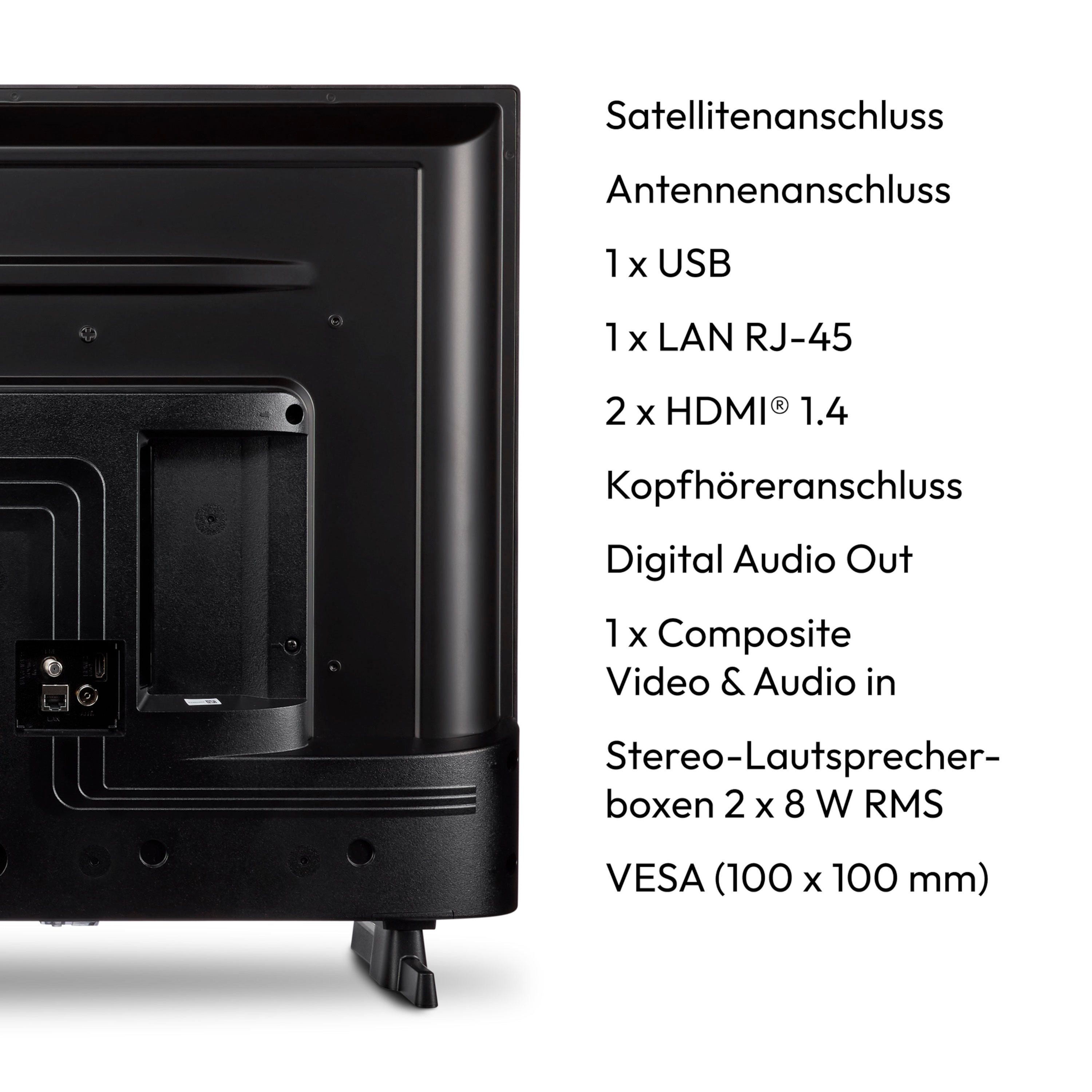 Achteraanzicht van een zwarte tv met gelabelde poorten. Inclusief satelliet, antenne, USB, LAN, HDMI en audiopoorten.