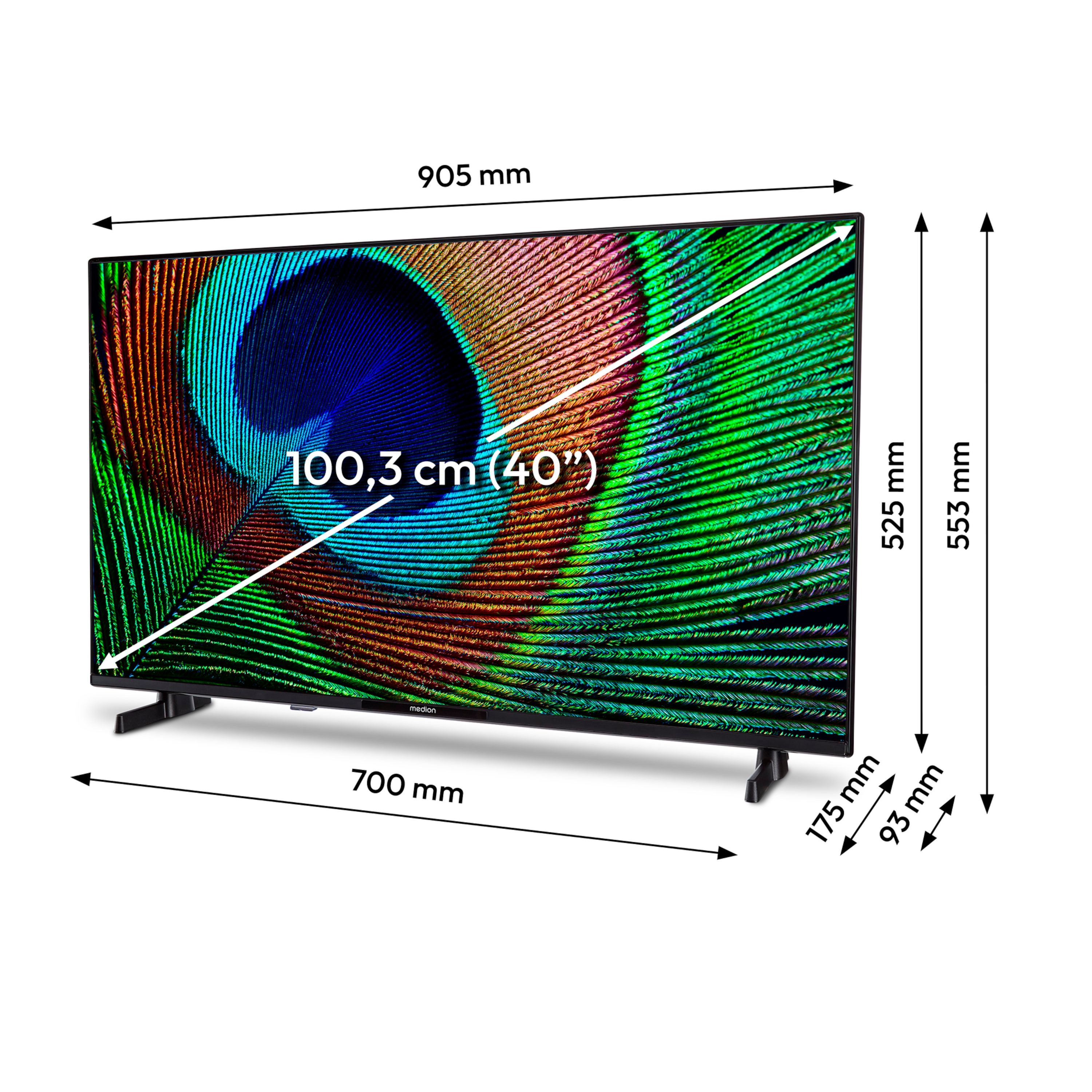 Een grote tv toont een kleurrijk, abstract patroon, met afmetingen genoteerd. Het staat op een standaard.