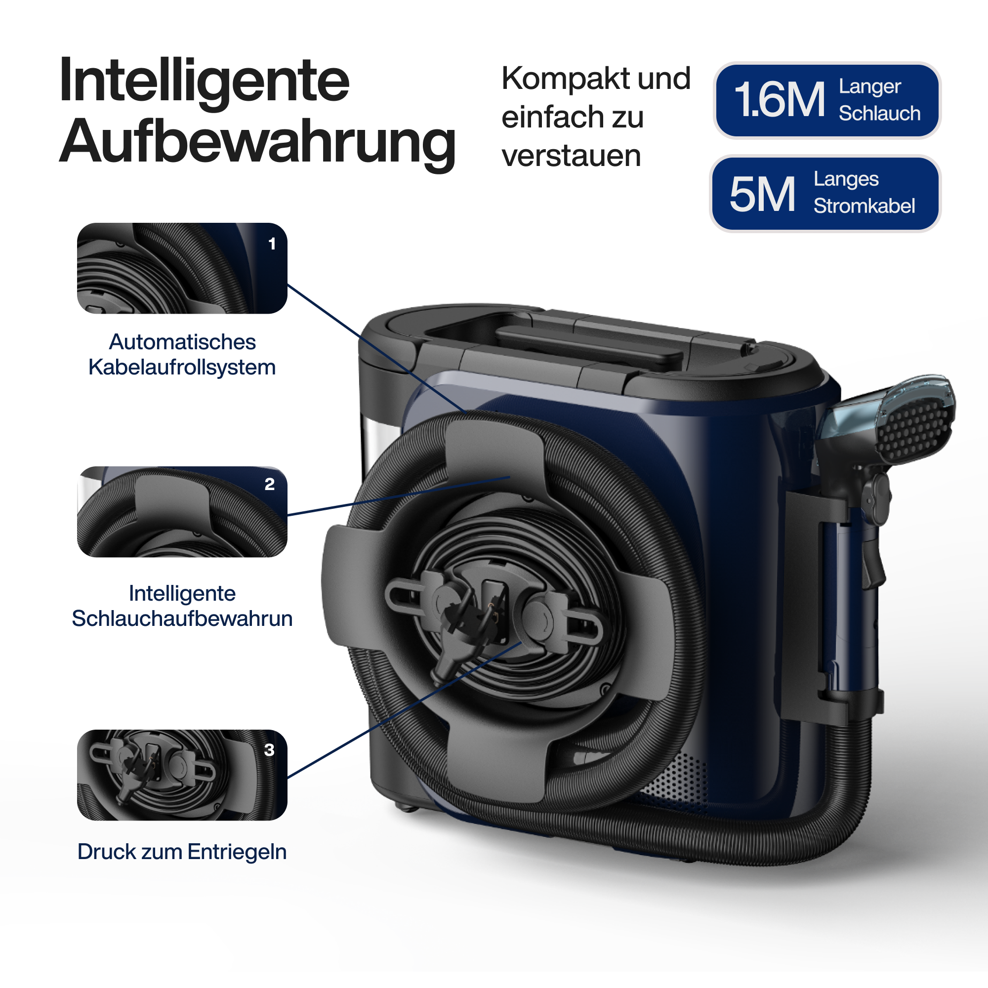 Eine Reinigungsmaschine mit ihren Teilen. Deutscher Text beschreibt die Funktionen der Maschine.