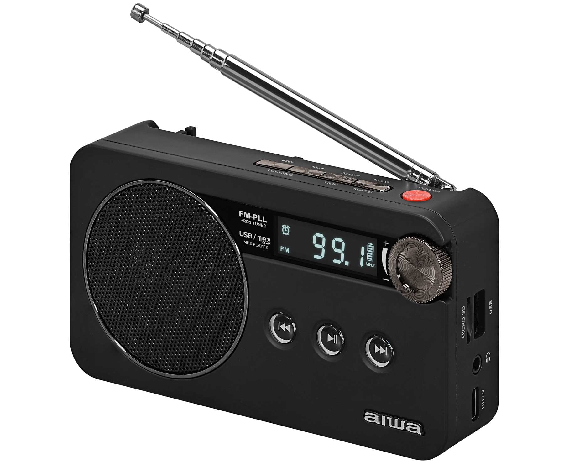 Czarny przenośny radioodbiornik z anteną i wyświetlaczem cyfrowym.