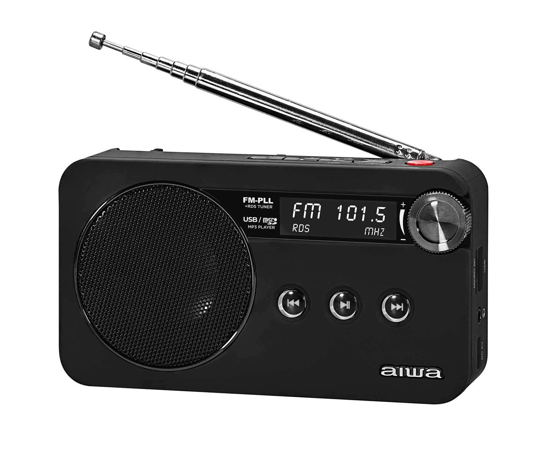 Czarny radio AIWA z anteną. Radio ma ekran wyświetlający FM 101,5 MHz i odtwarzacz USB/MP3.