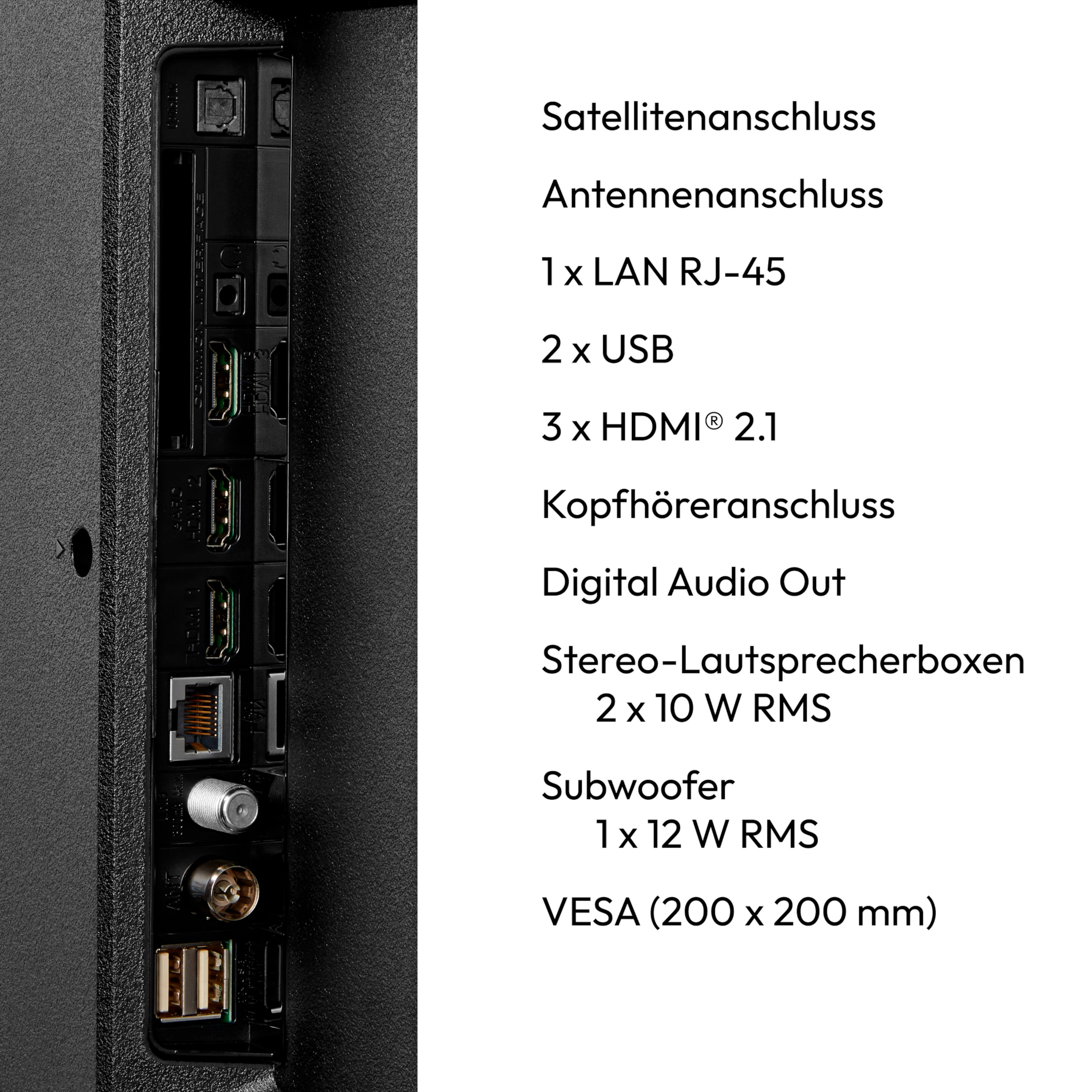 Rückseite des Fernsehers mit Anschlüssen: Satellit, Antenne, LAN, USB, HDMI, Kopfhörer, Audioausgang, Lautsprecher, Subwoofer, VESA.