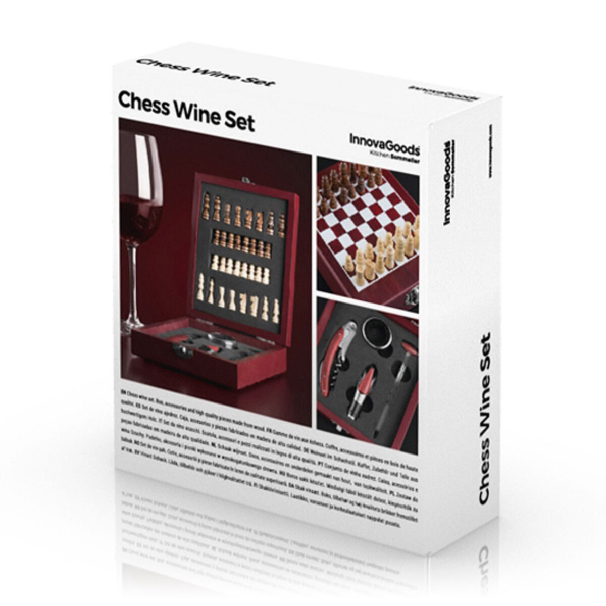 Caja con un juego de ajedrez. Incluye piezas de ajedrez, un tablero y accesorios para vino. Fondo blanco.