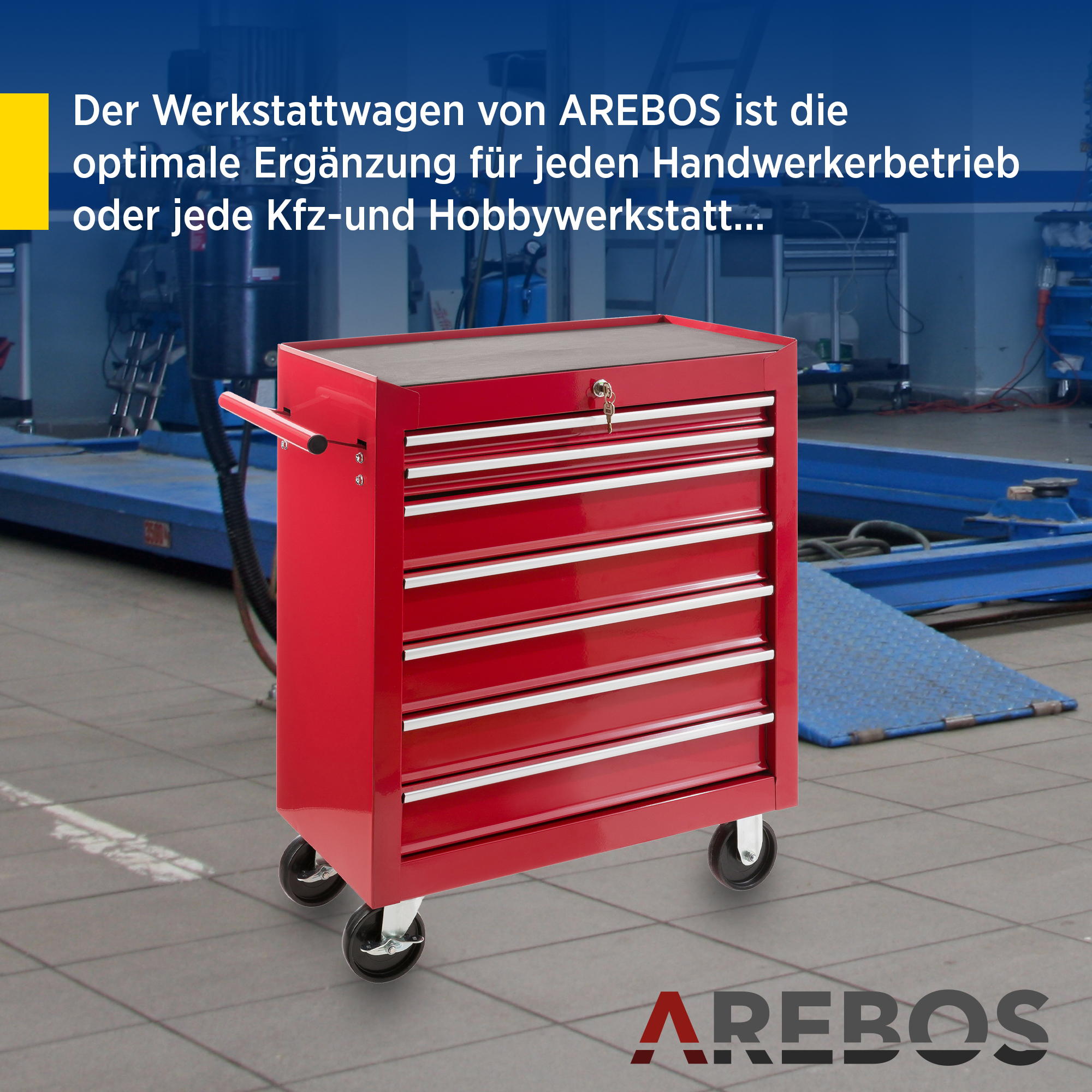 Ein roter Werkzeugschrank in einer Werkstatteinstellung, mit Textüberlagerung.