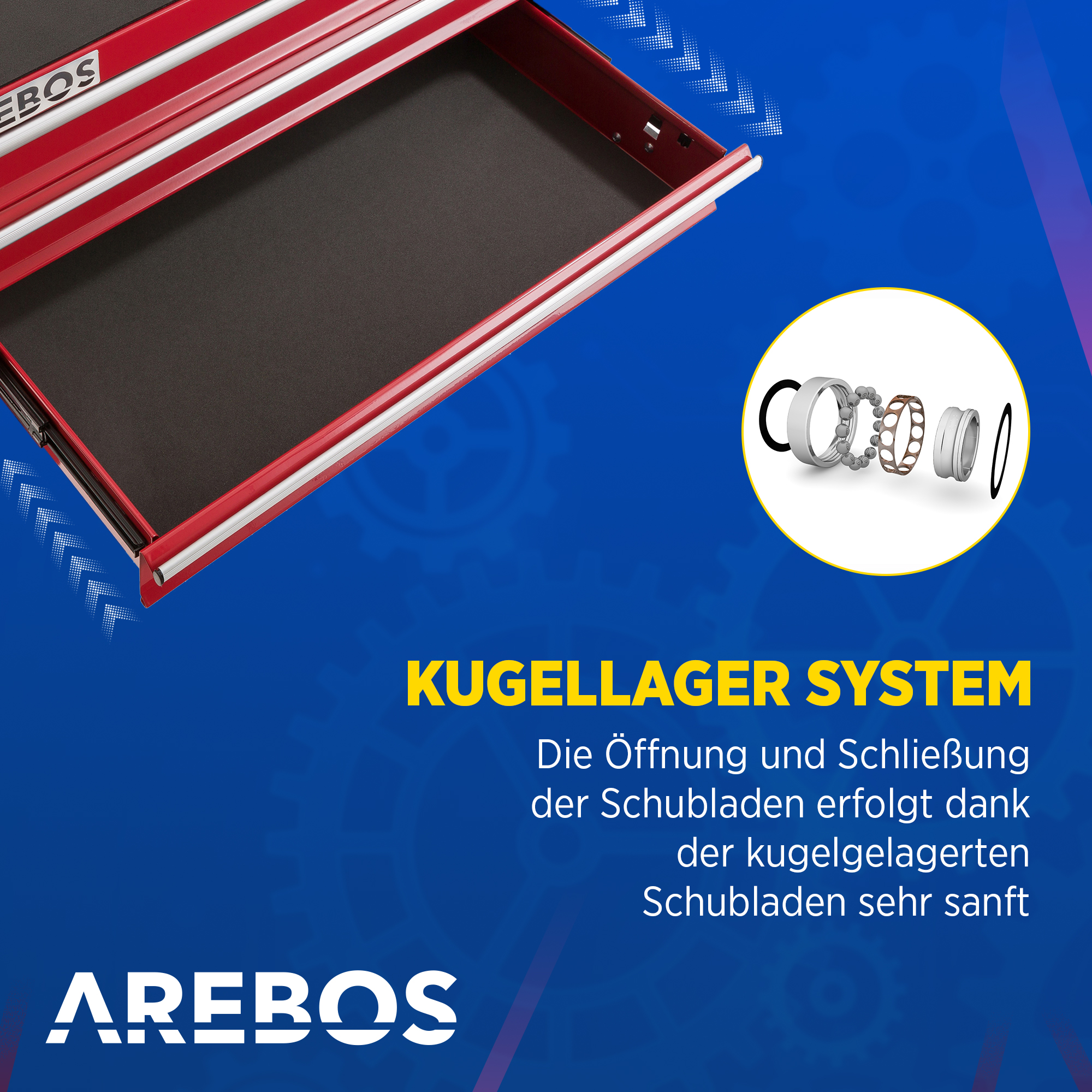 Schublade einer rot-schwarzen Werkzeugkiste mit blauem Hintergrund und Text.