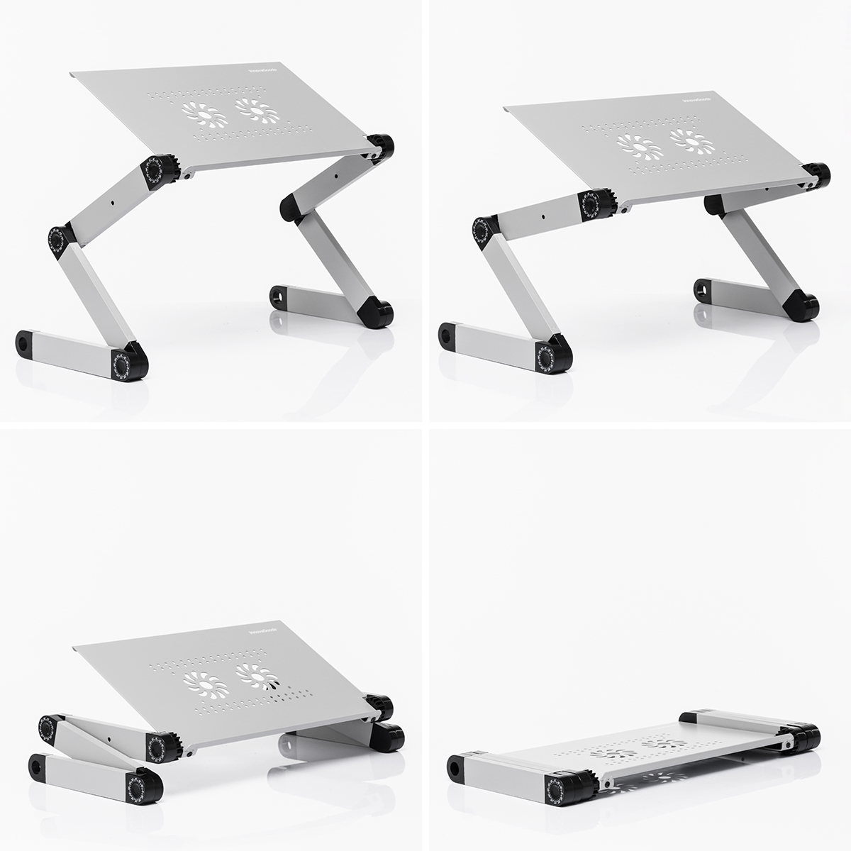 Diverse viste di un supporto per laptop argentato, regolabile, su sfondo bianco.