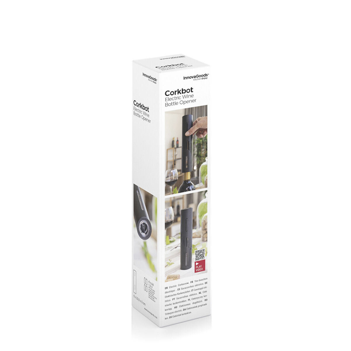 Abridor de botellas de vino eléctrico en caja, con imágenes del abridor y vino.