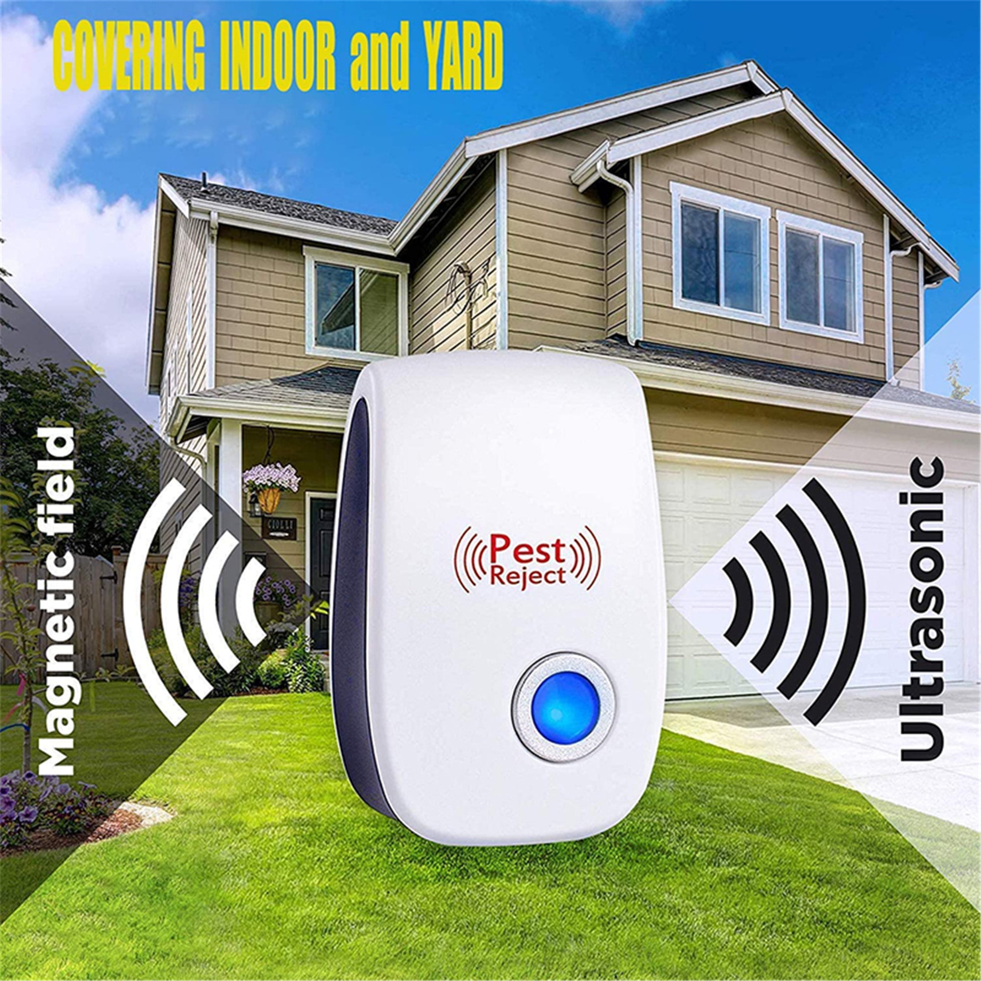 Pest Reject-Gerät vor einem Haus, mit Ultraschall- und Magnetfeldwellen.