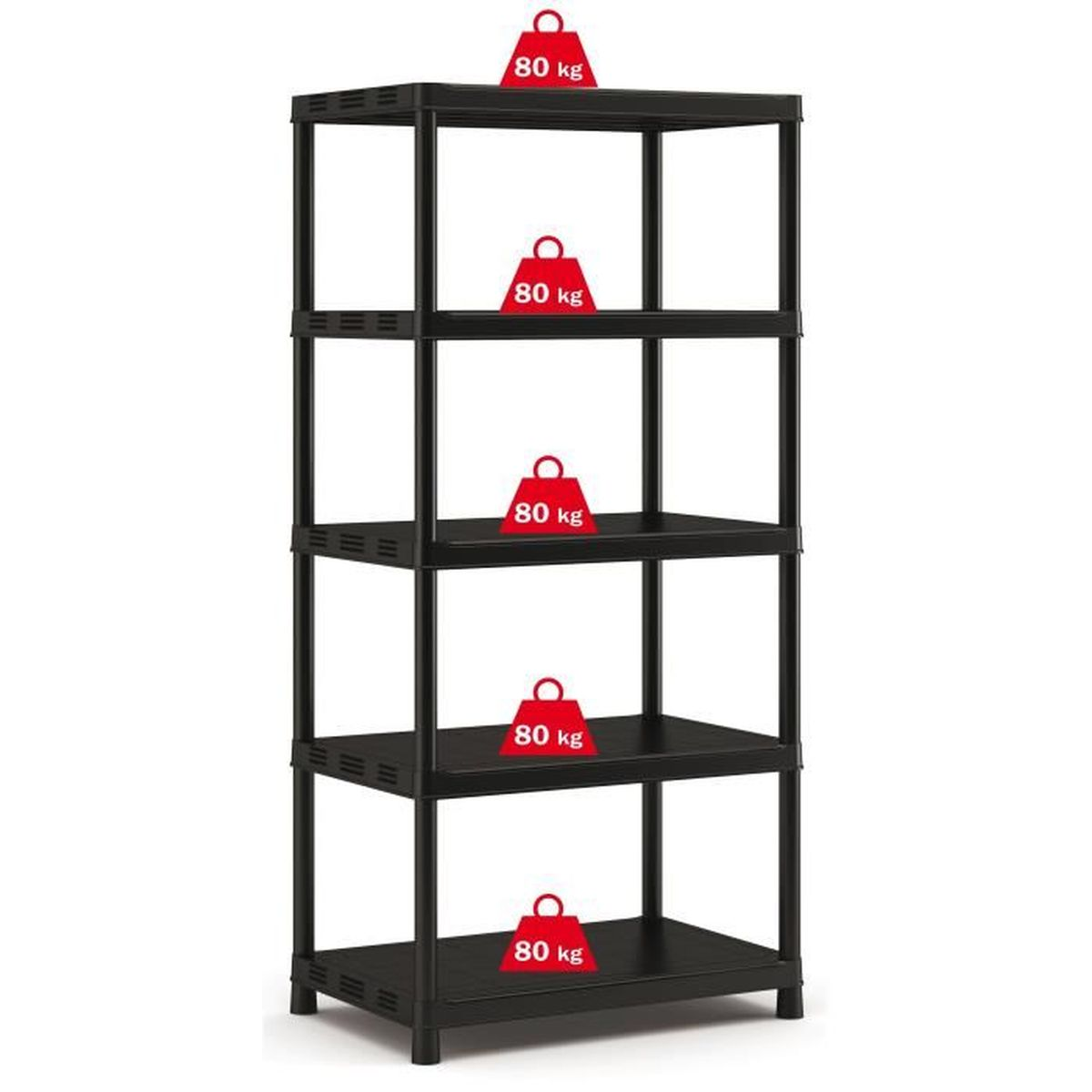 Scaffalatura nera con cinque ripiani. Icone di peso rosse su ogni ripiano. Sfondo bianco. Supporta 80 kg.