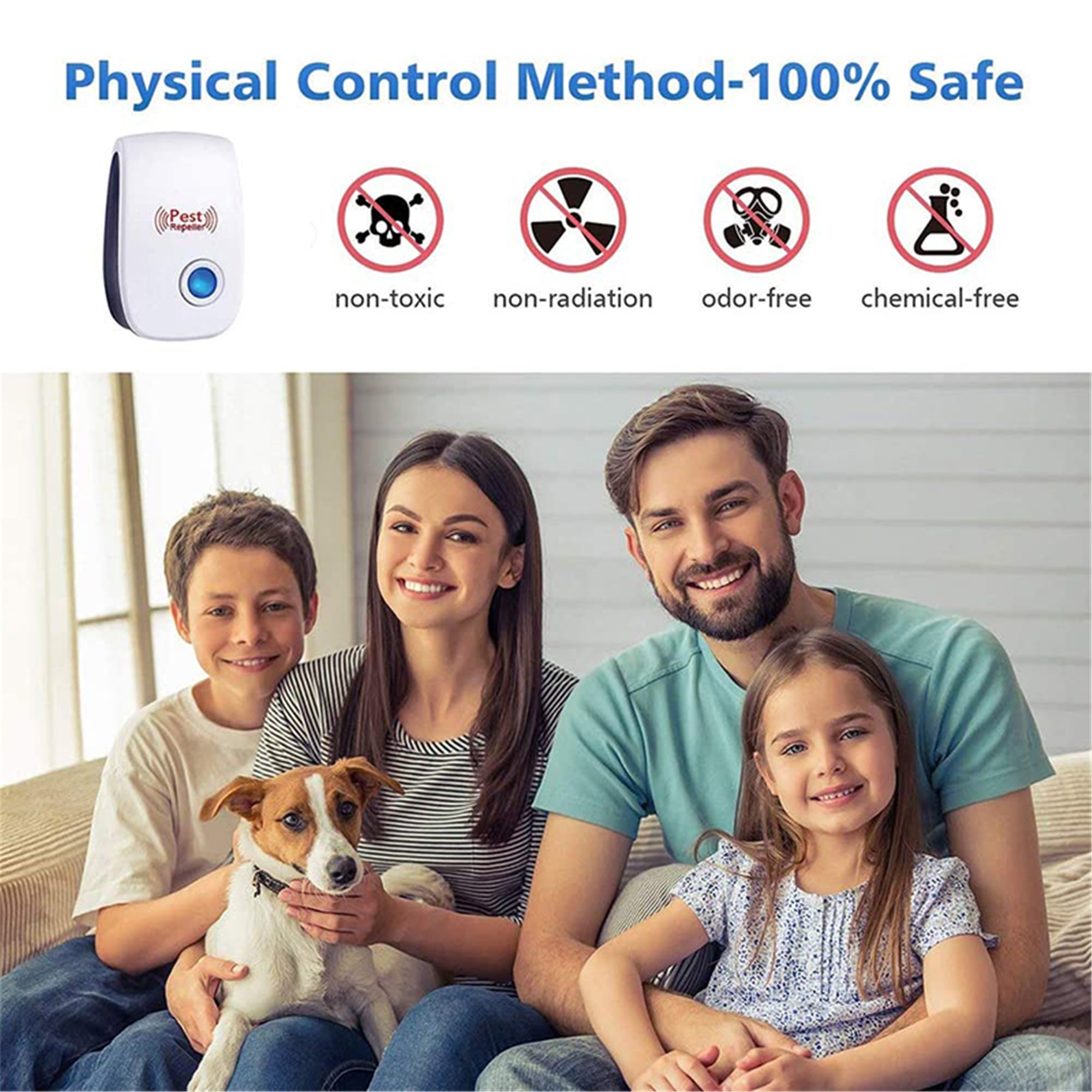 Vierköpfige Familie mit Hund. Text-Overlay zeigt Produktmerkmale: sicher und ungiftig.