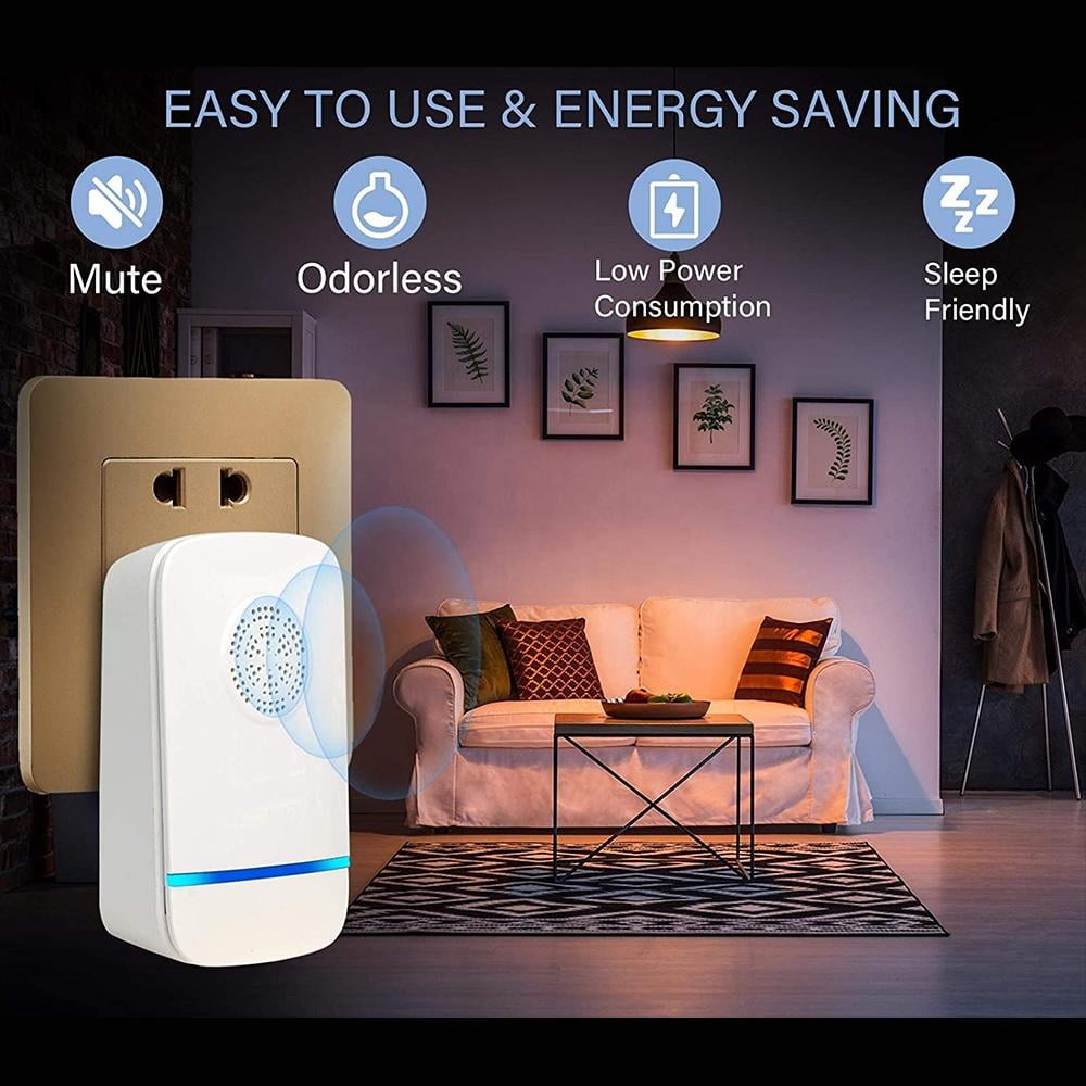 Weißes Plug-in-Gerät, das blaues Licht emittiert. Symbole zu Funktionen sind sichtbar.