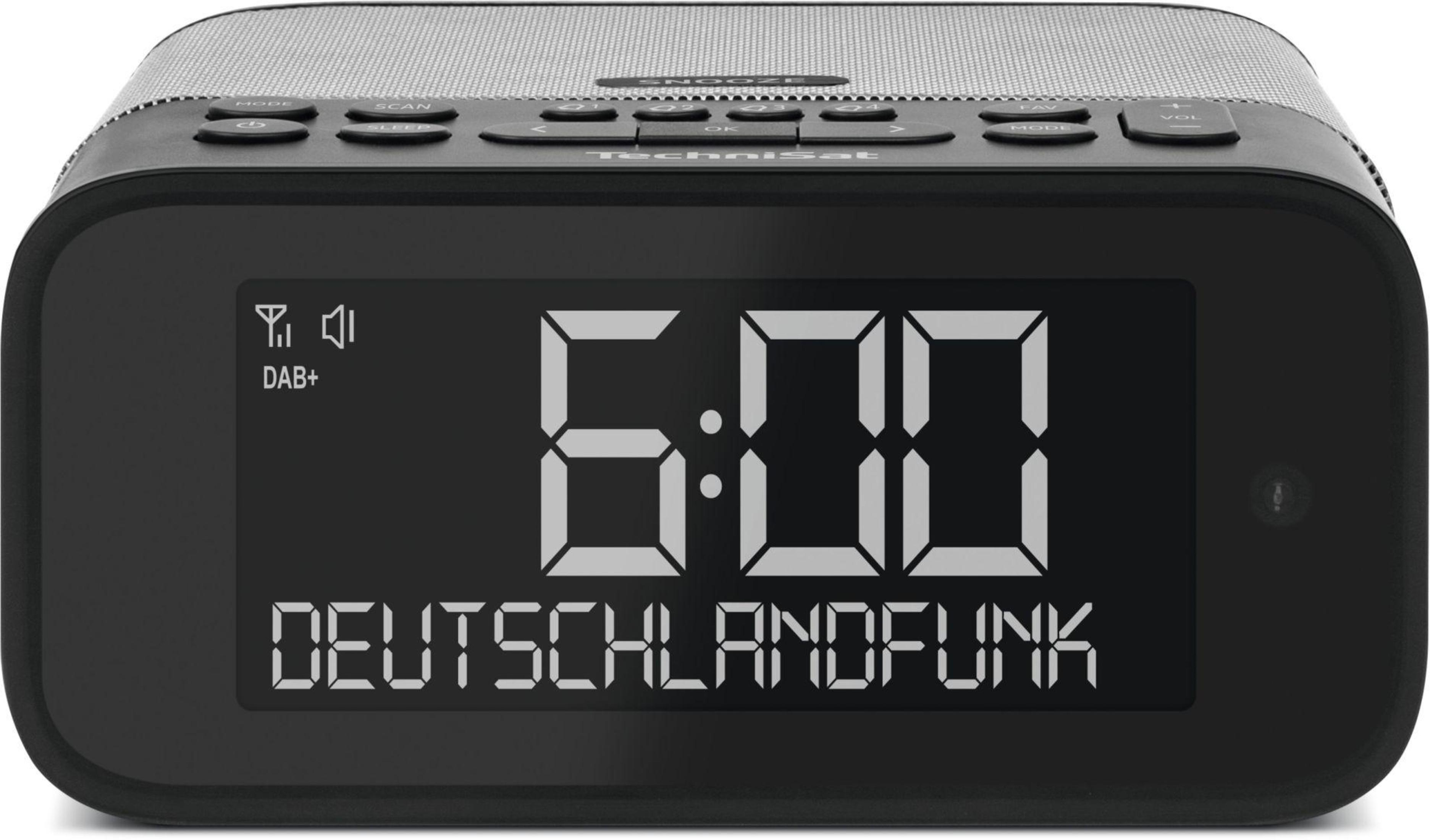 Schwarze Digitaluhr mit 6:00, auf dem Bildschirm steht 'DEUTSCHLANDFUNK'.