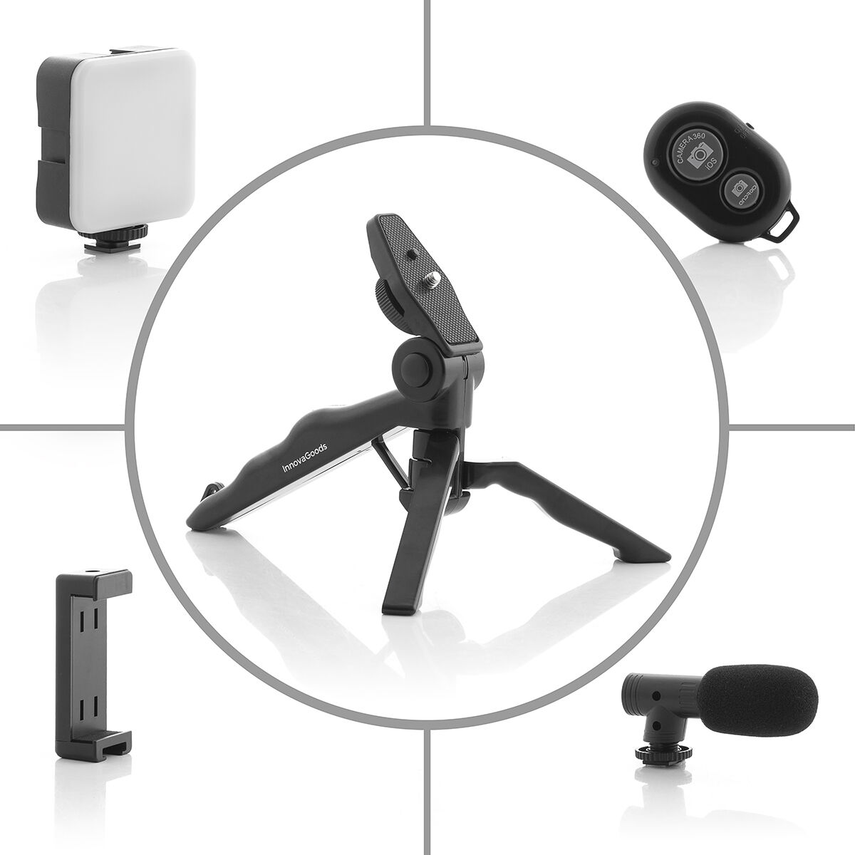 Una composición circular que muestra varios accesorios para un smartphone.