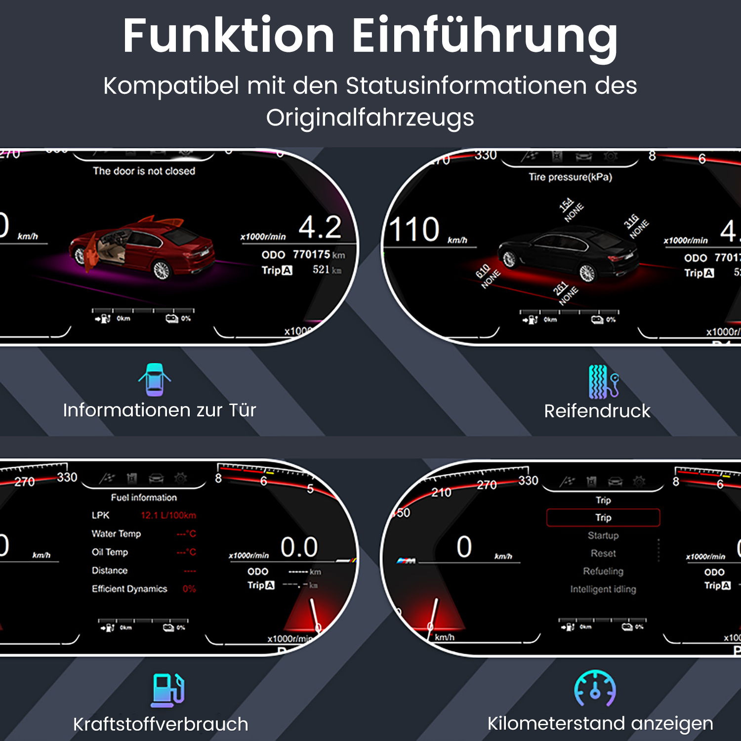 Armaturenbrettbildschirm mit Text und Fahrzeugdaten. Zeigt Reifendruck, Geschwindigkeit, Kraftstoff und andere Infos.