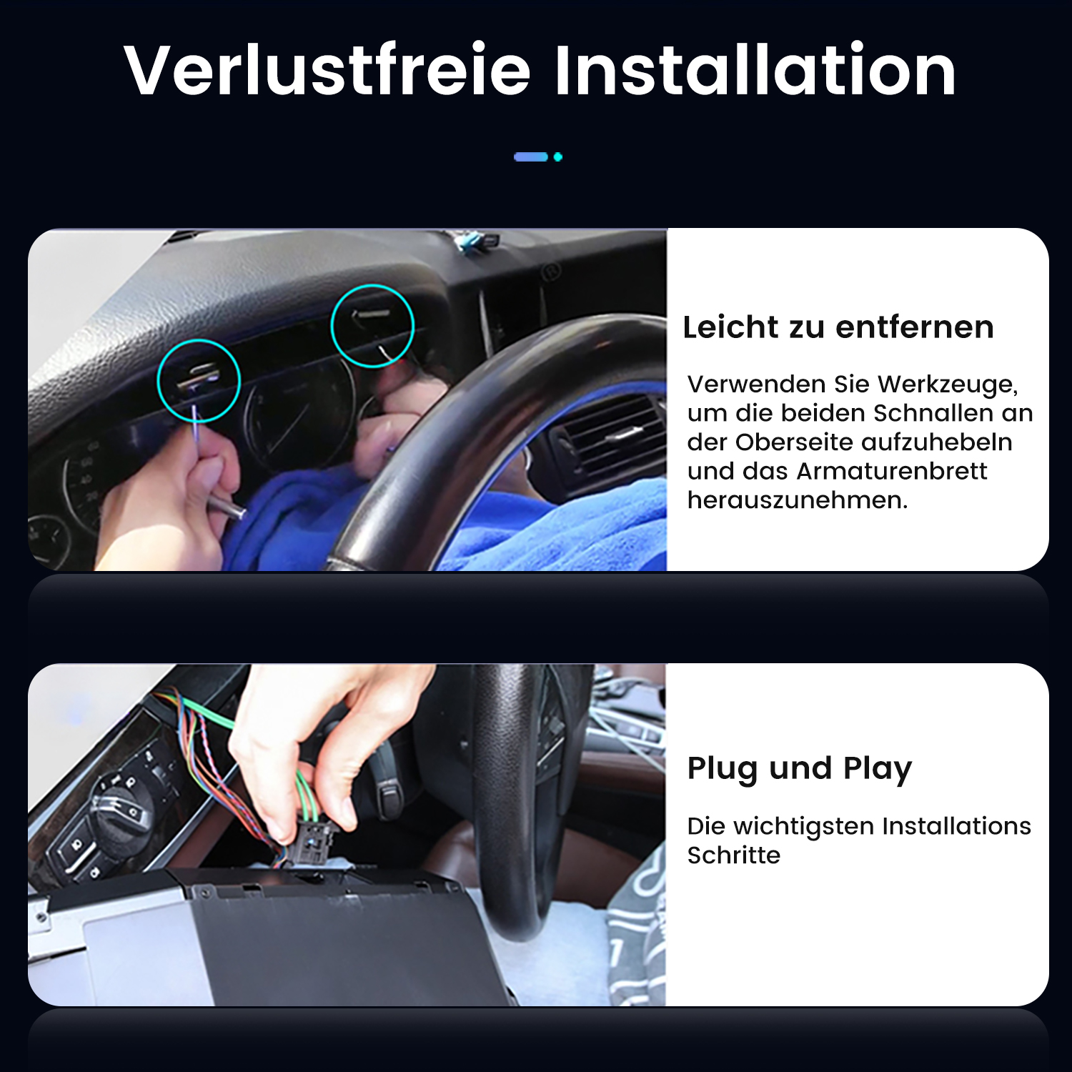 Bilder zeigen Autoinstallation. Eines zeigt eine Hand mit Werkzeug, das andere eine Hand, die Kabel anschließt.