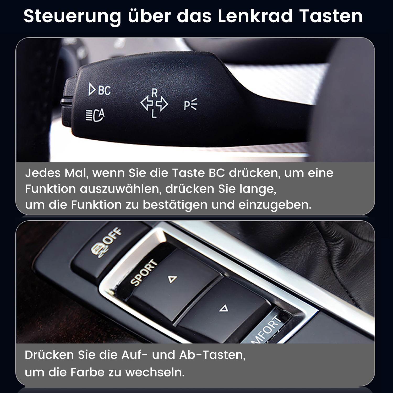 Screenshot eines Autocontrolpanels, das Lenkradbedienelemente und eine Knopftafel zeigt.