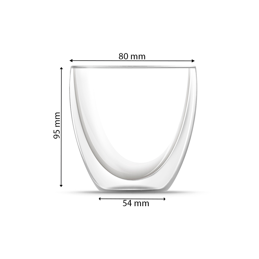 Doppelwandiges, transparentes Glas. Abmessungen: 95 mm hoch, 80 mm breit, 54 mm Basis.