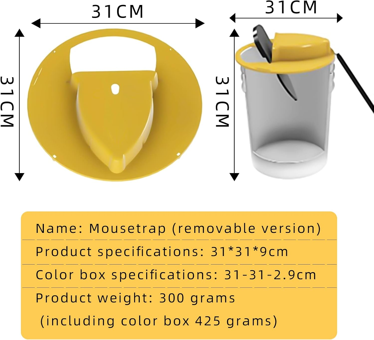 Mausefalle mit Abmessungen und Details. Gelbes und weißes Design.