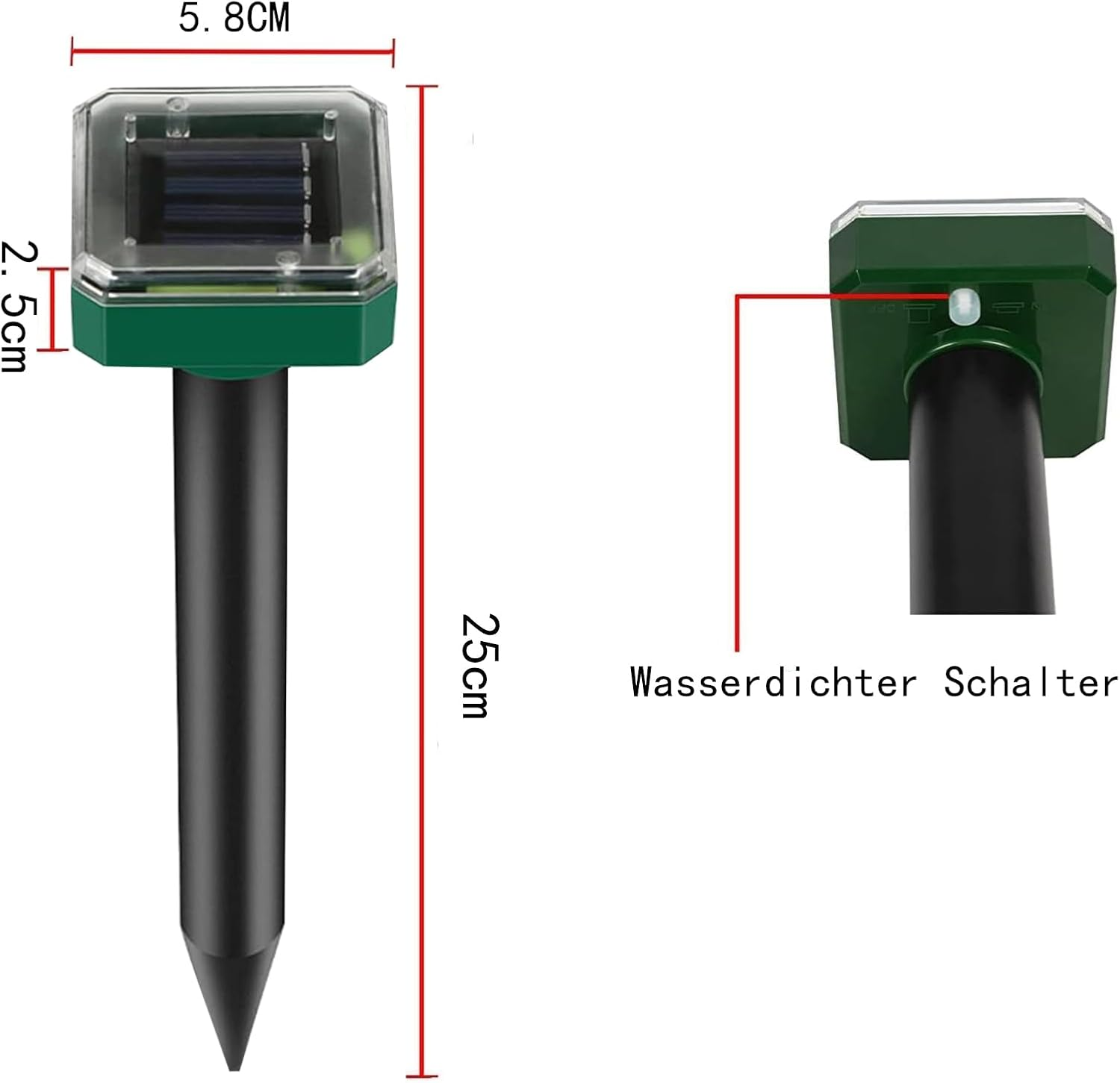 Ein grüner Schädlingsbekämpfer. Es hat ein Solarpanel und einen Dorn. Abmessungen sind angegeben.
