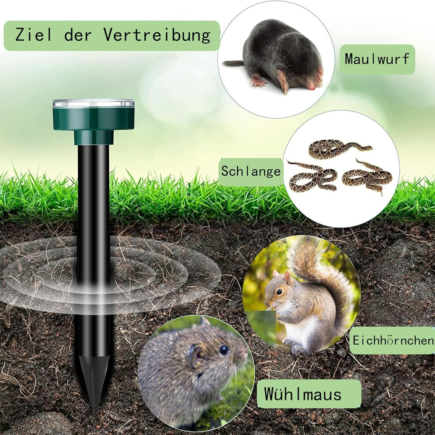 Ein elektronischer Maulwurf-Vertreiber mit Etiketten und Bildern von Tieren, die er vertreibt, darunter ein Maulwurf.